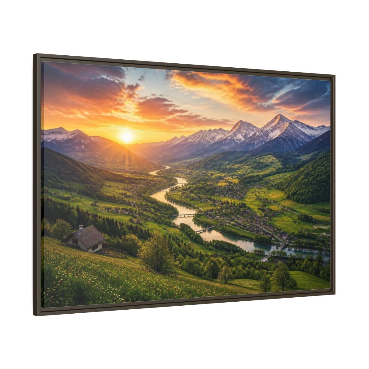 Side Mockup 8. Alpine Valley Sunset Landscape shown as framed canvas print