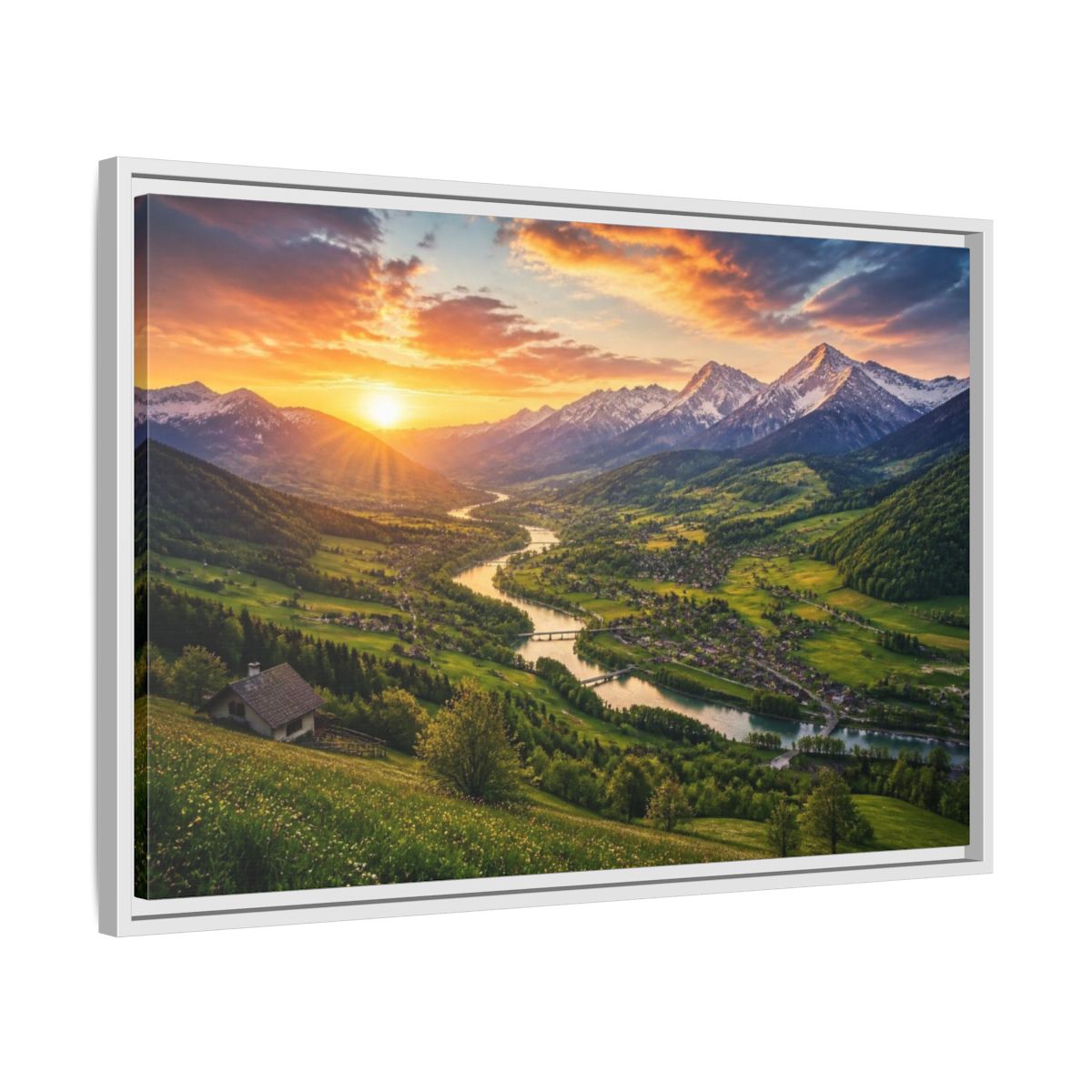 Side Mockup 10. Alpine Valley Sunset Landscape shown as framed canvas print