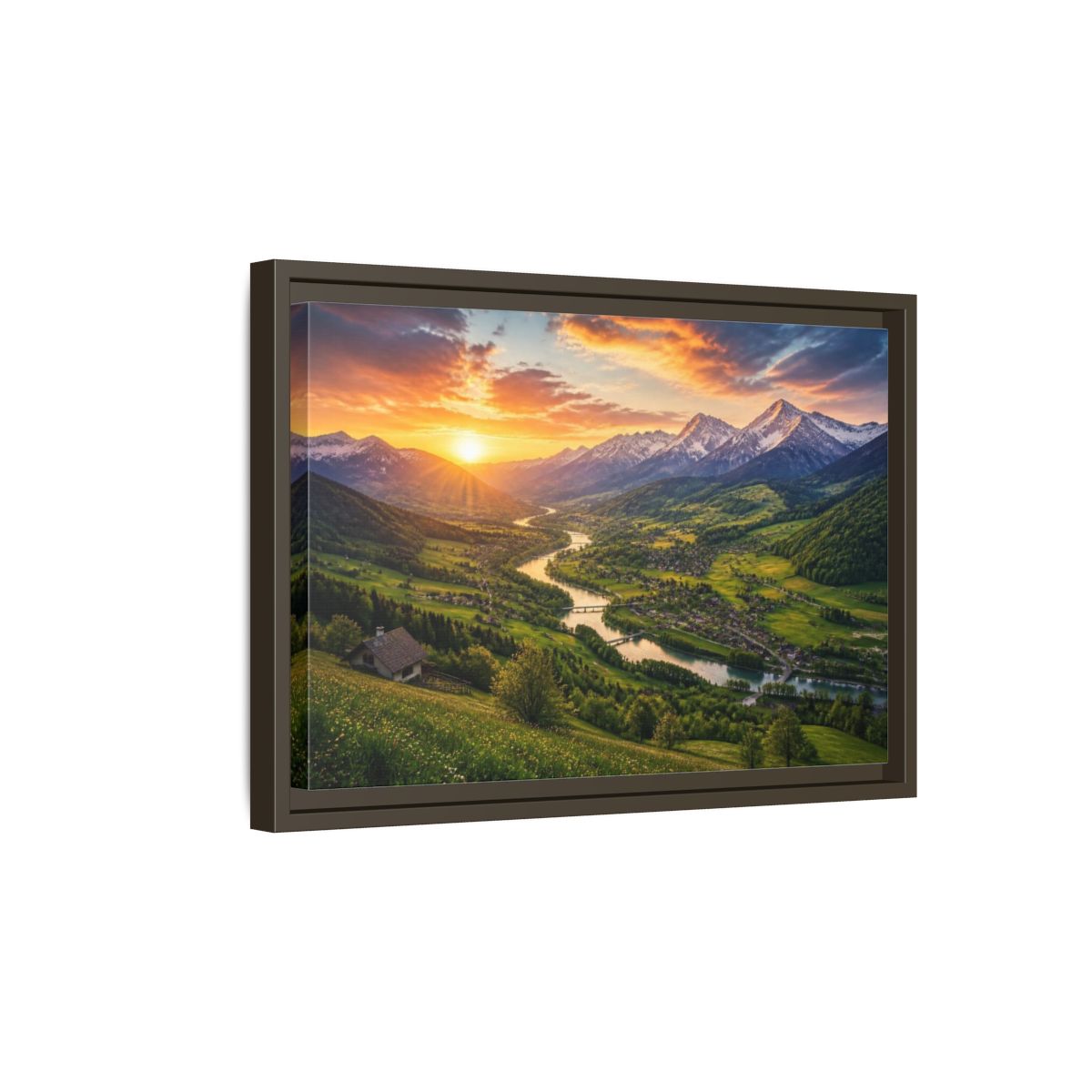 Side Mockup 5. Alpine Valley Sunset Landscape shown as framed canvas print