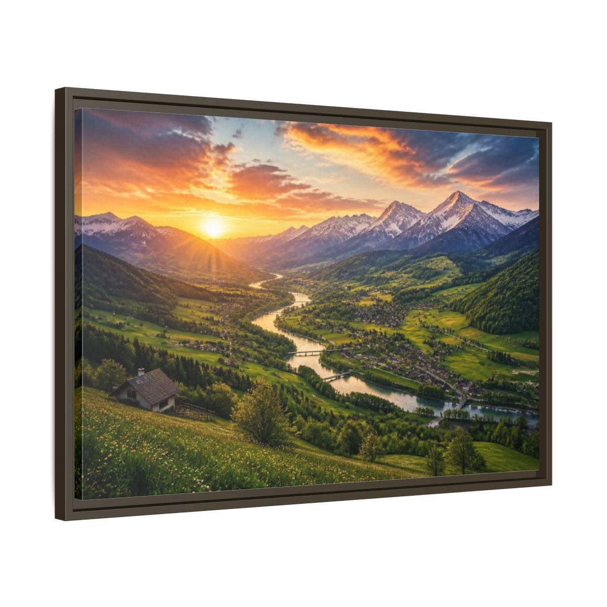 Side Mockup 11. Alpine Valley Sunset Landscape shown as framed canvas print