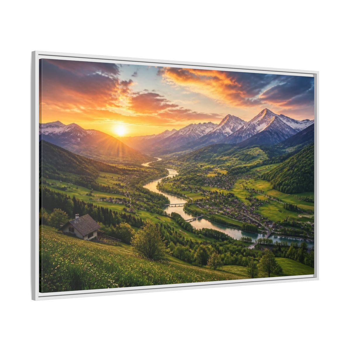 Side Mockup 7. Alpine Valley Sunset Landscape shown as framed canvas print