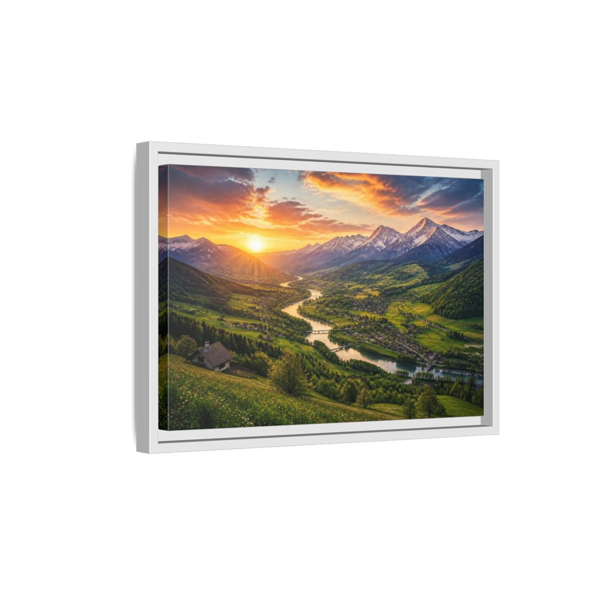 Side Mockup 4. Alpine Valley Sunset Landscape shown as framed canvas print