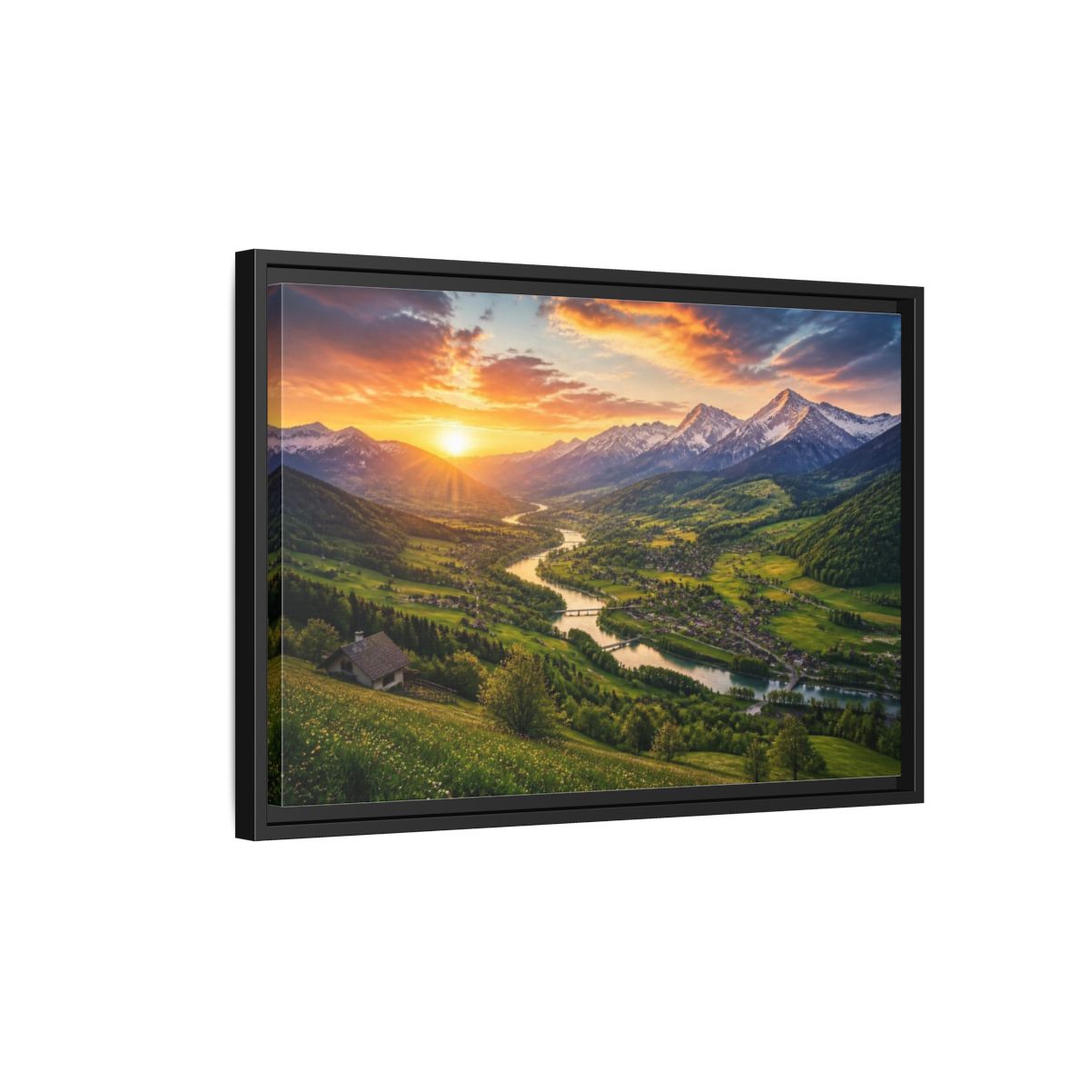 Side Mockup 3. Alpine Valley Sunset Landscape shown as framed canvas print