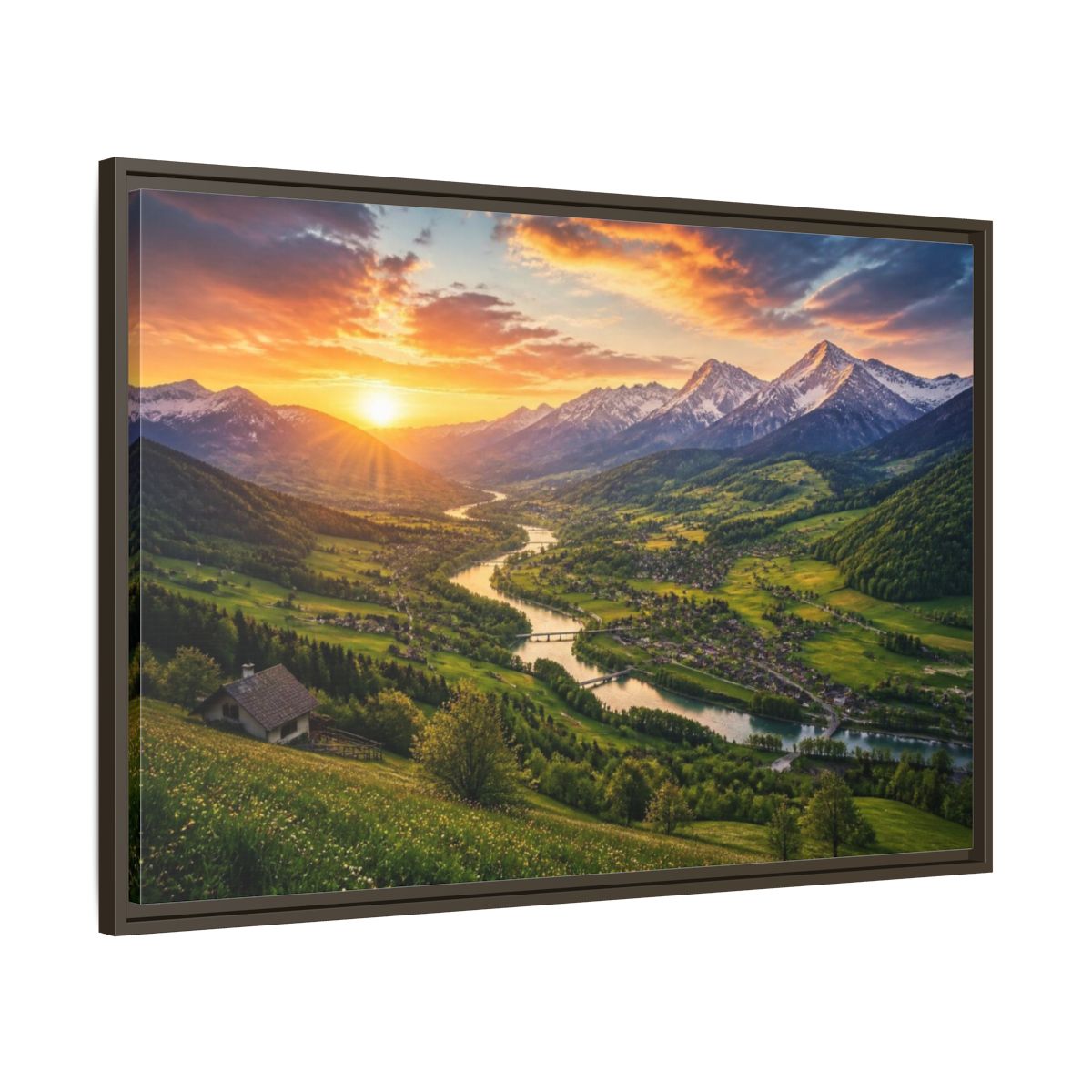 Main Mockup. Alpine Valley Sunset Landscape shown as framed canvas print