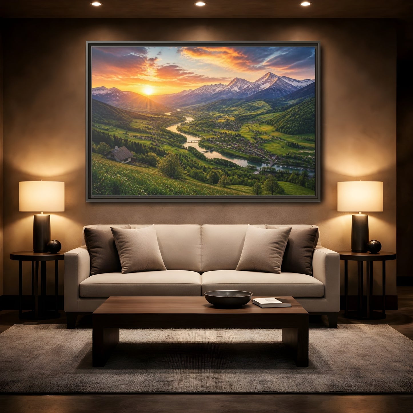 Mockup 2. Alpine Valley Sunset Landscape shown as framed canvas print