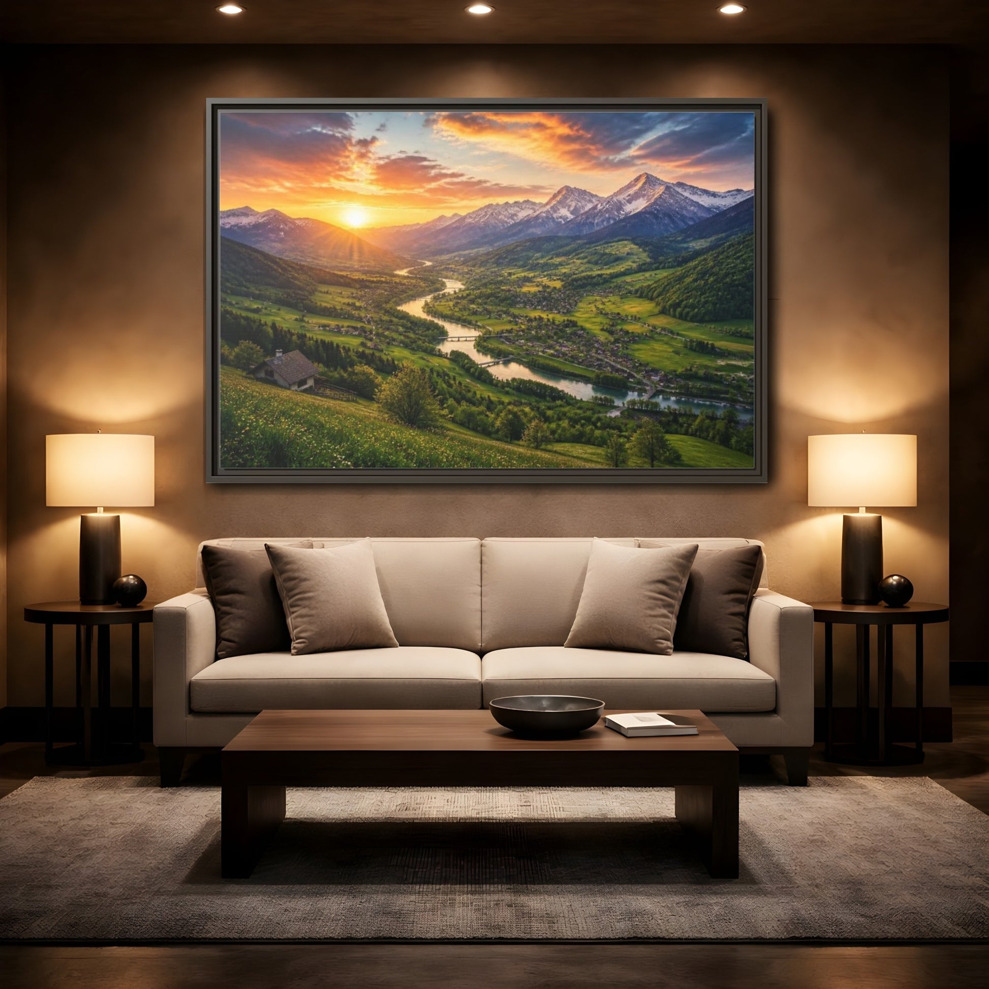 Mockup 2. Alpine Valley Sunset Landscape shown as framed canvas print