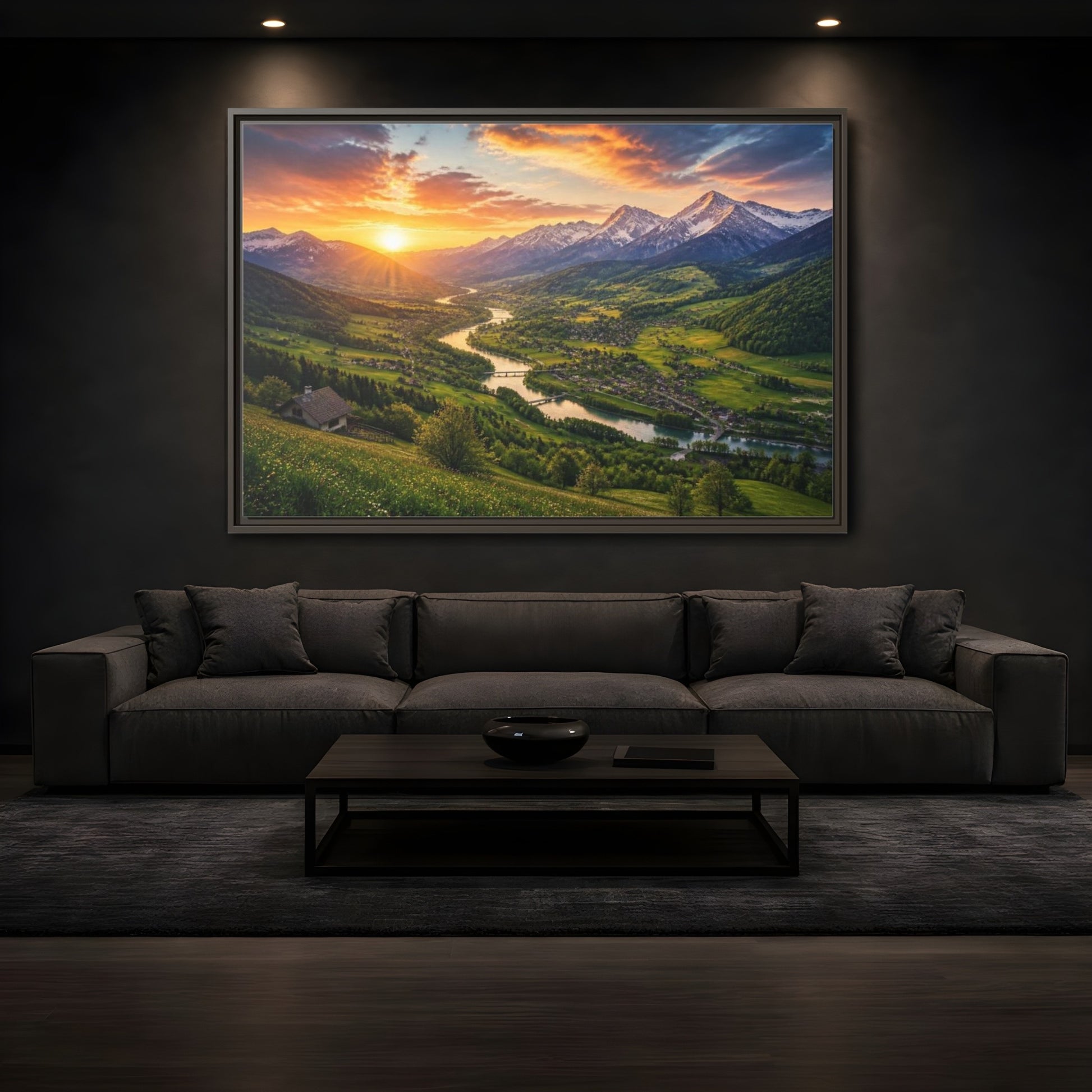 Mockup 3. Alpine Valley Sunset Landscape shown as framed canvas print