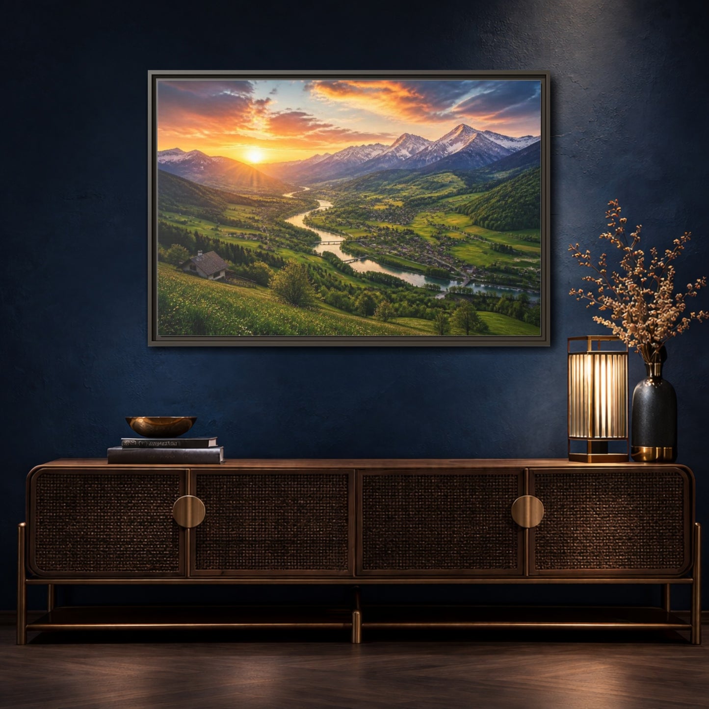 Mockup 4. Alpine Valley Sunset Landscape shown as framed canvas print