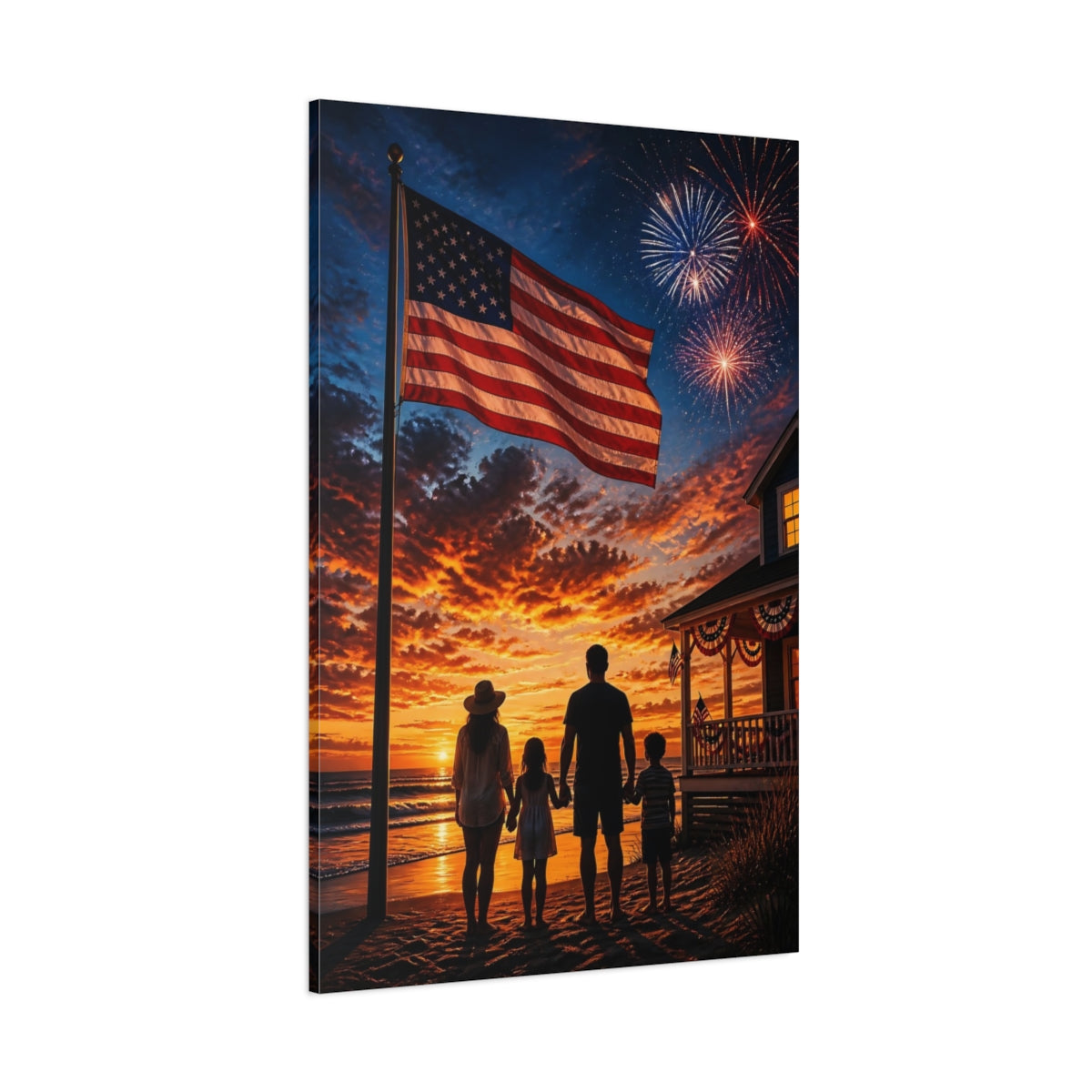 Side Mockup 1. American Flag At Sunset shown as canvas print
