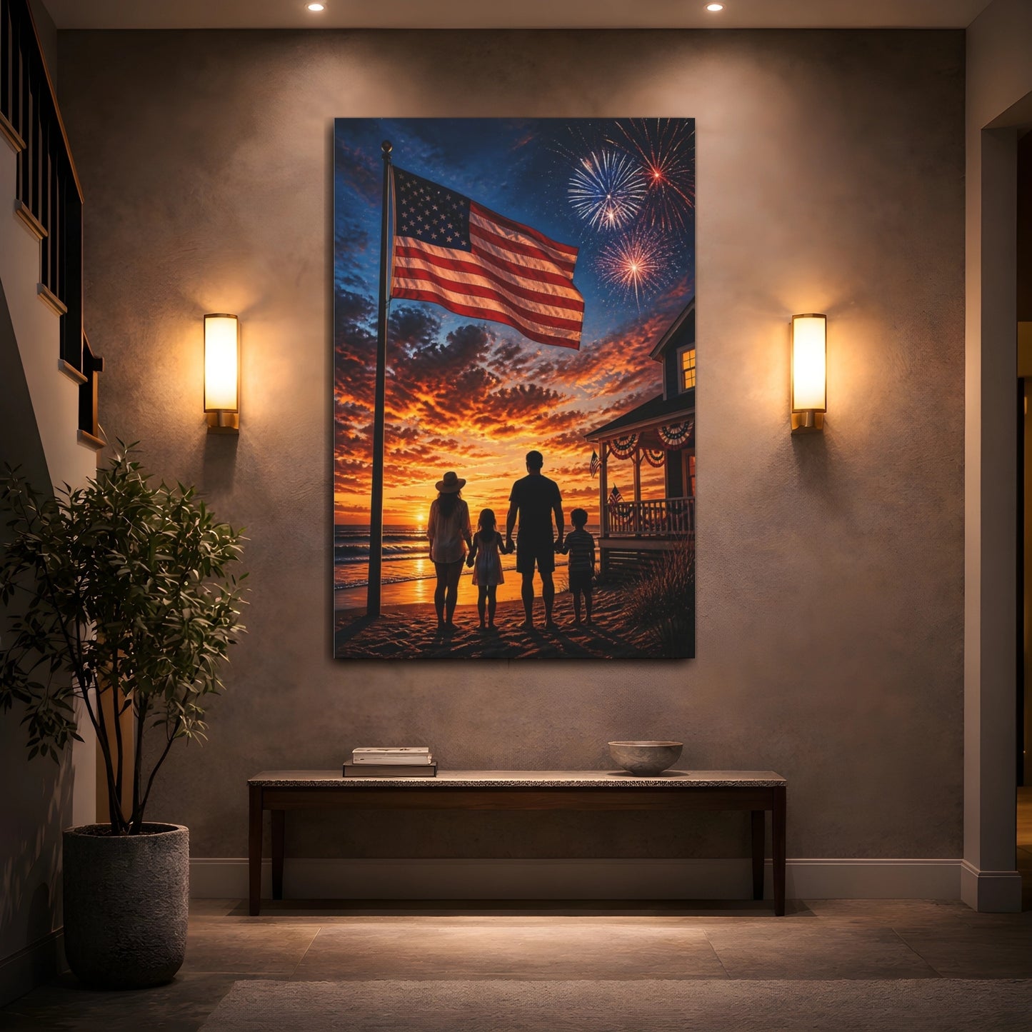 Mockup 2. American Flag At Sunset shown as canvas print