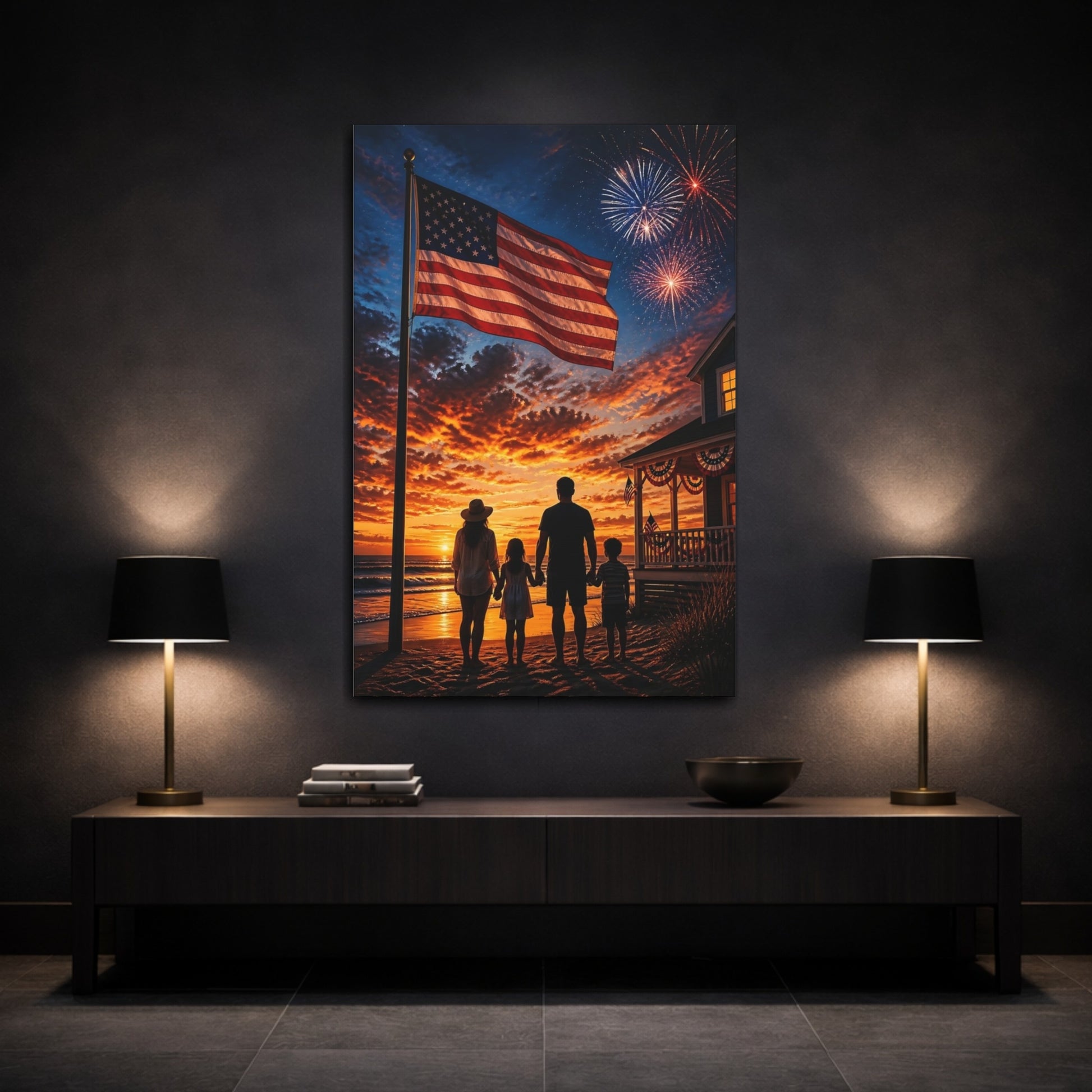 Mockup 3. American Flag At Sunset shown as canvas print
