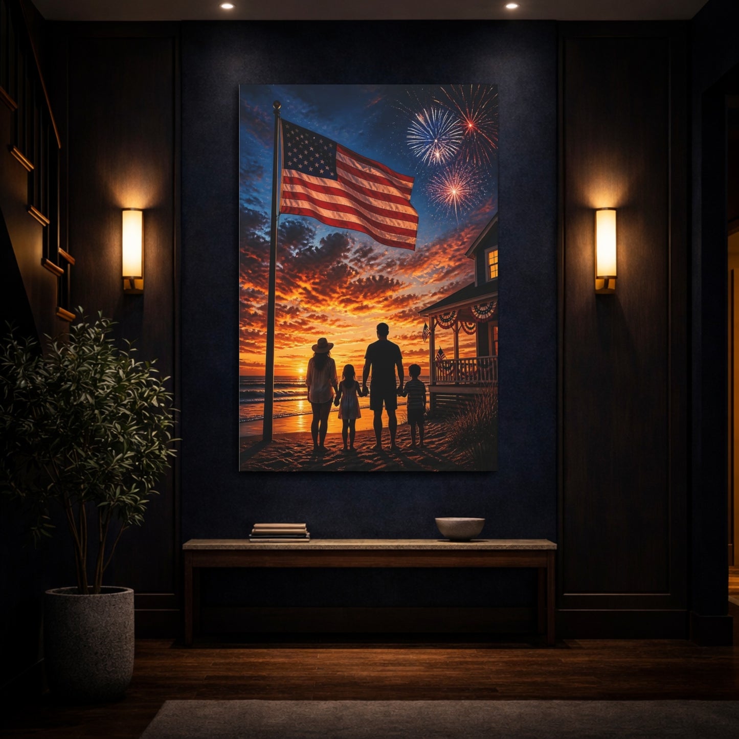 Mockup 4. American Flag At Sunset shown as canvas print