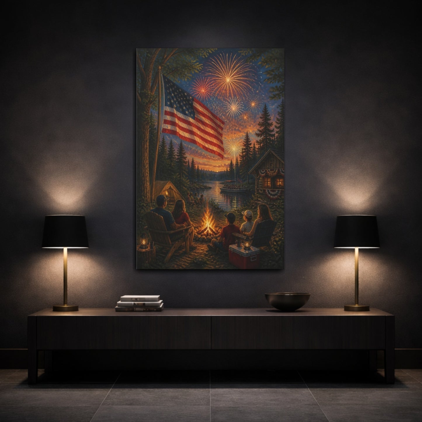 Mockup 3. American Flag By Campfire shown as canvas print