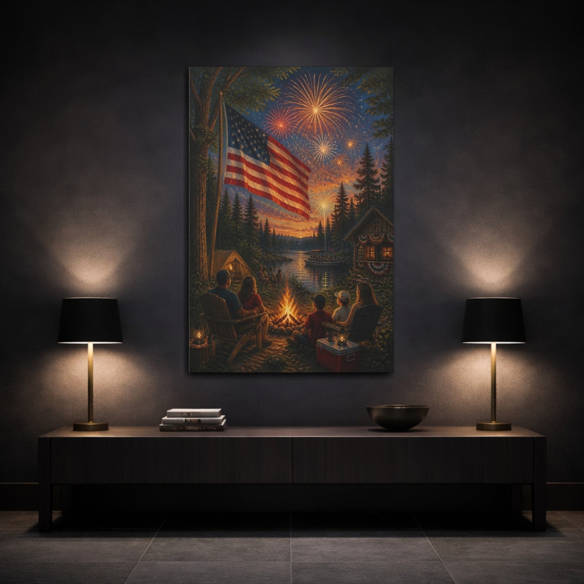 Mockup 3. American Flag By Campfire shown as canvas print