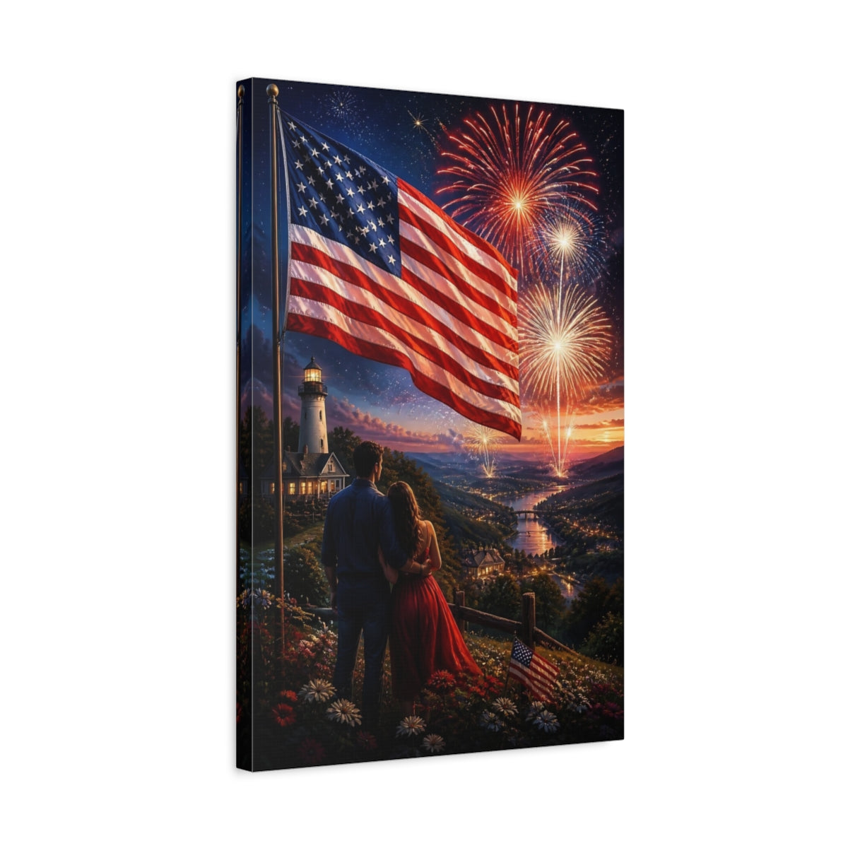 Side Mockup 3. American Flag Fireworks Night shown as canvas print