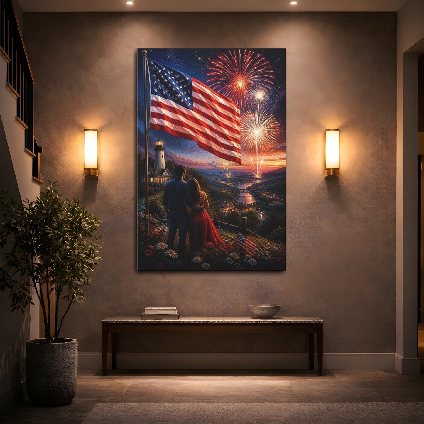 Mockup 2. American Flag Fireworks Night shown as canvas print