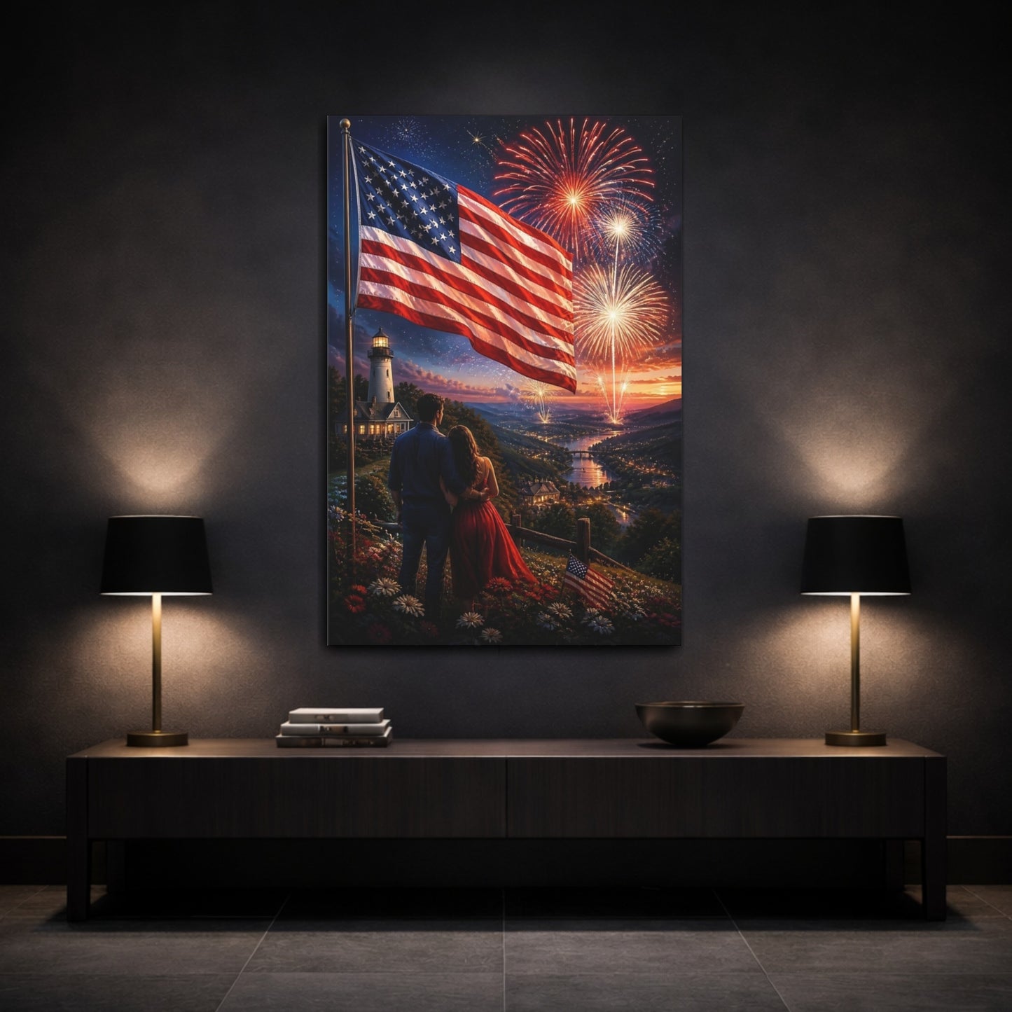 Mockup 3. American Flag Fireworks Night shown as canvas print