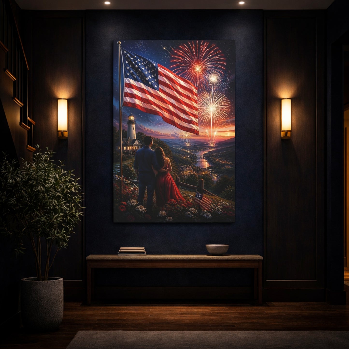 Mockup 4. American Flag Fireworks Night shown as canvas print
