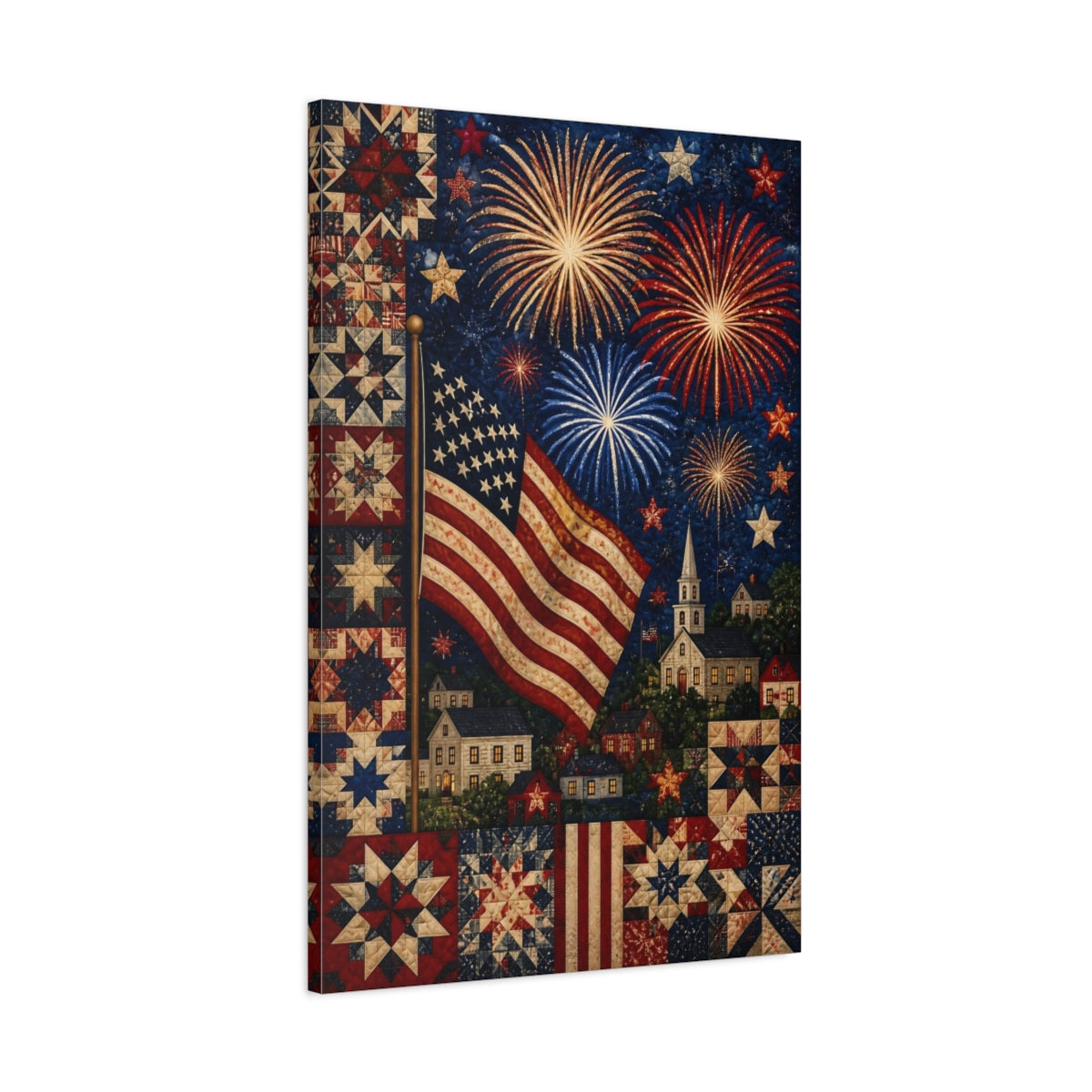Main Mockup. American Flag Fireworks Quilt shown as canvas print
