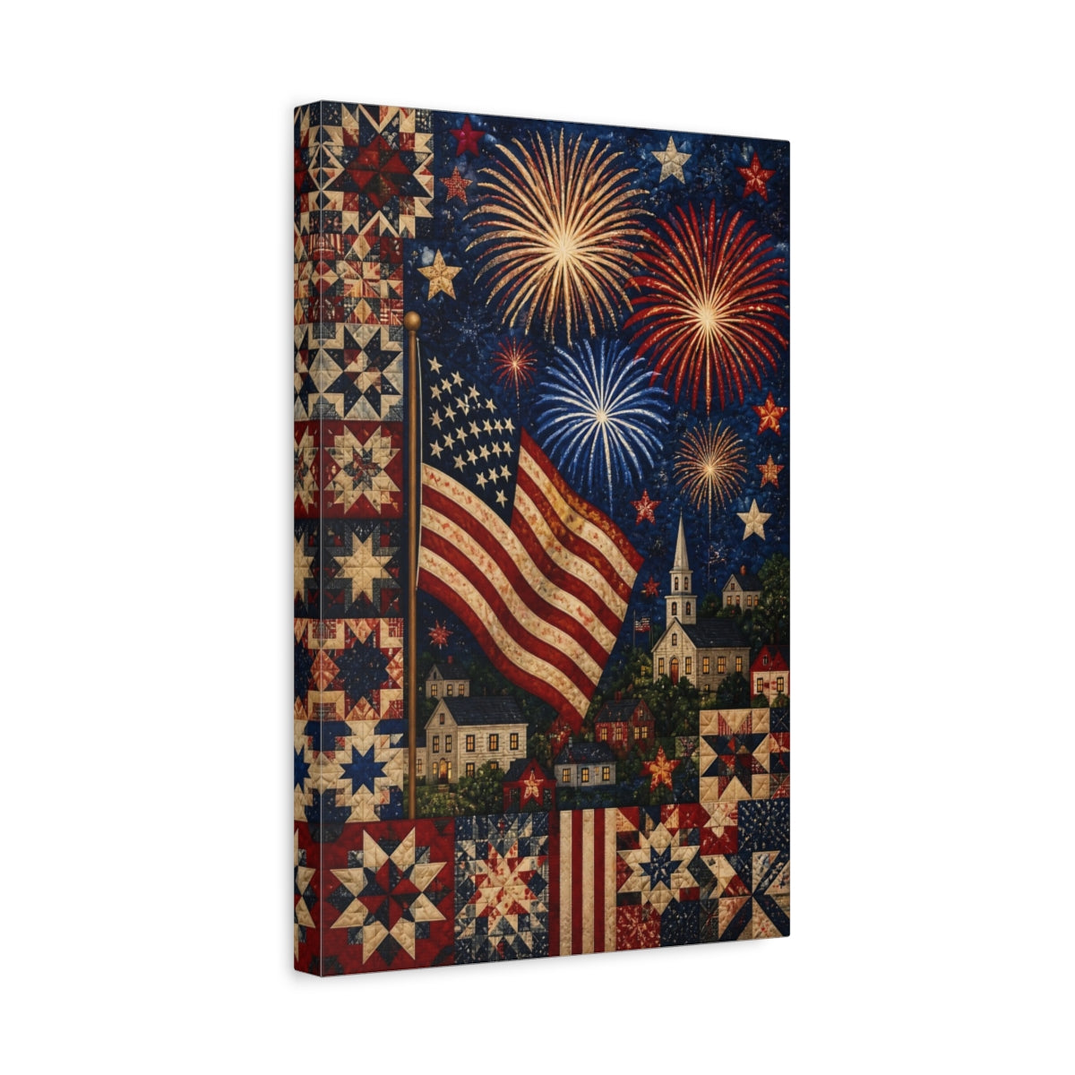 Side Mockup 4. American Flag Fireworks Quilt shown as canvas print