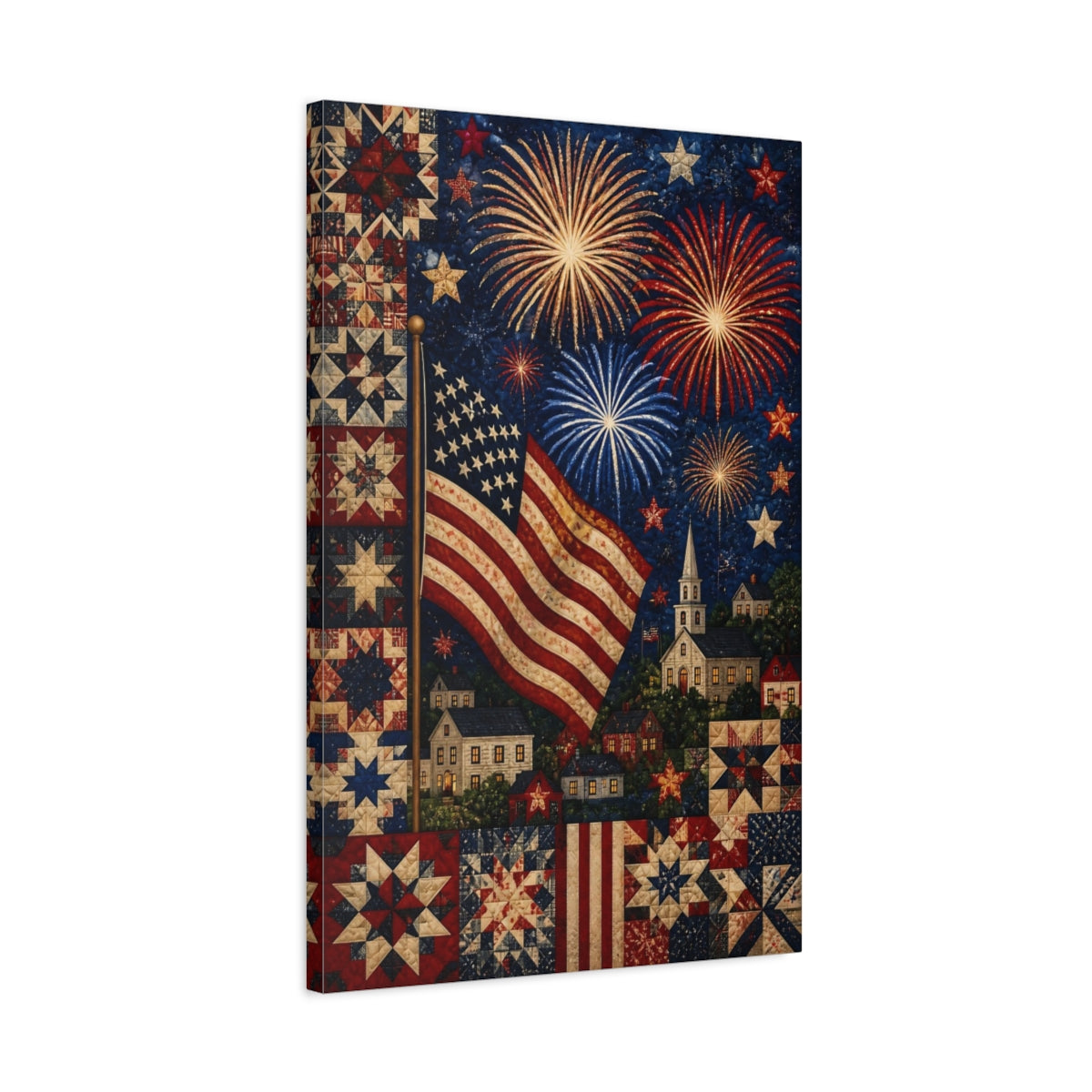 Side Mockup 2. American Flag Fireworks Quilt shown as canvas print