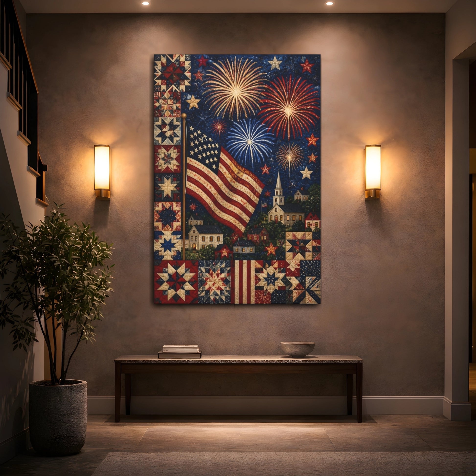 Mockup 2. American Flag Fireworks Quilt shown as canvas print