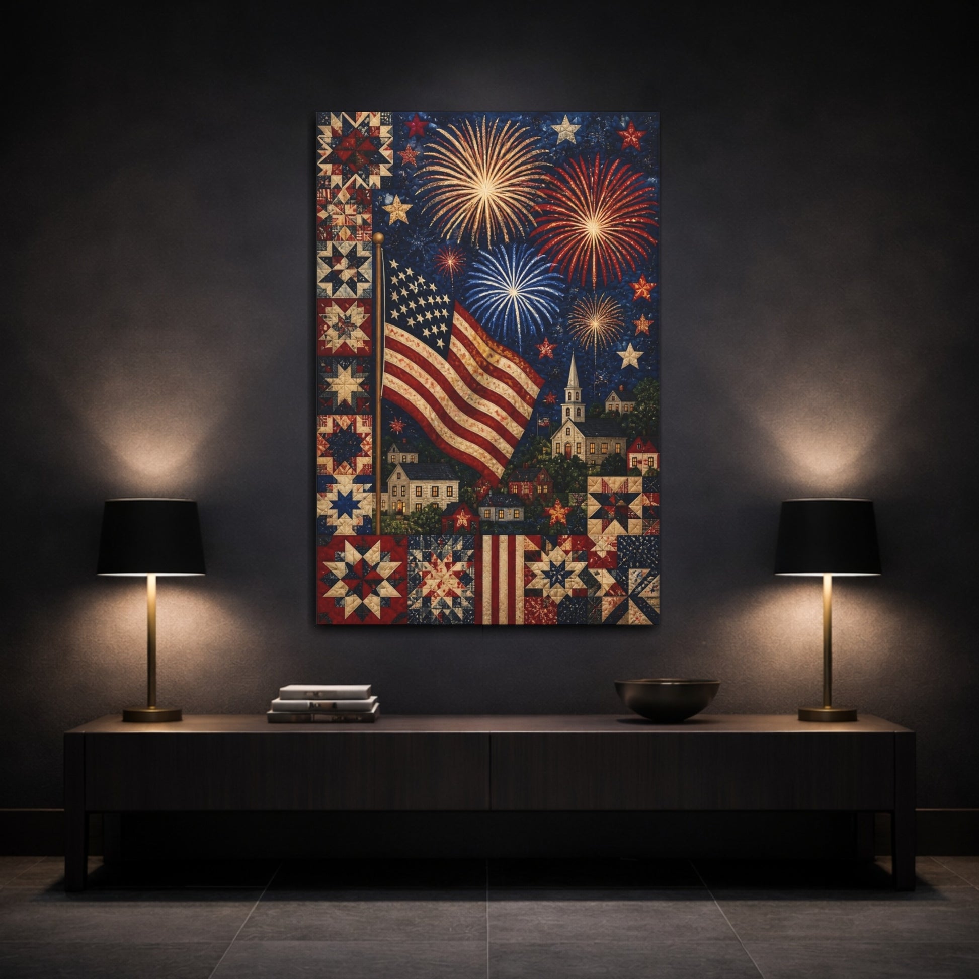 Mockup 3. American Flag Fireworks Quilt shown as canvas print