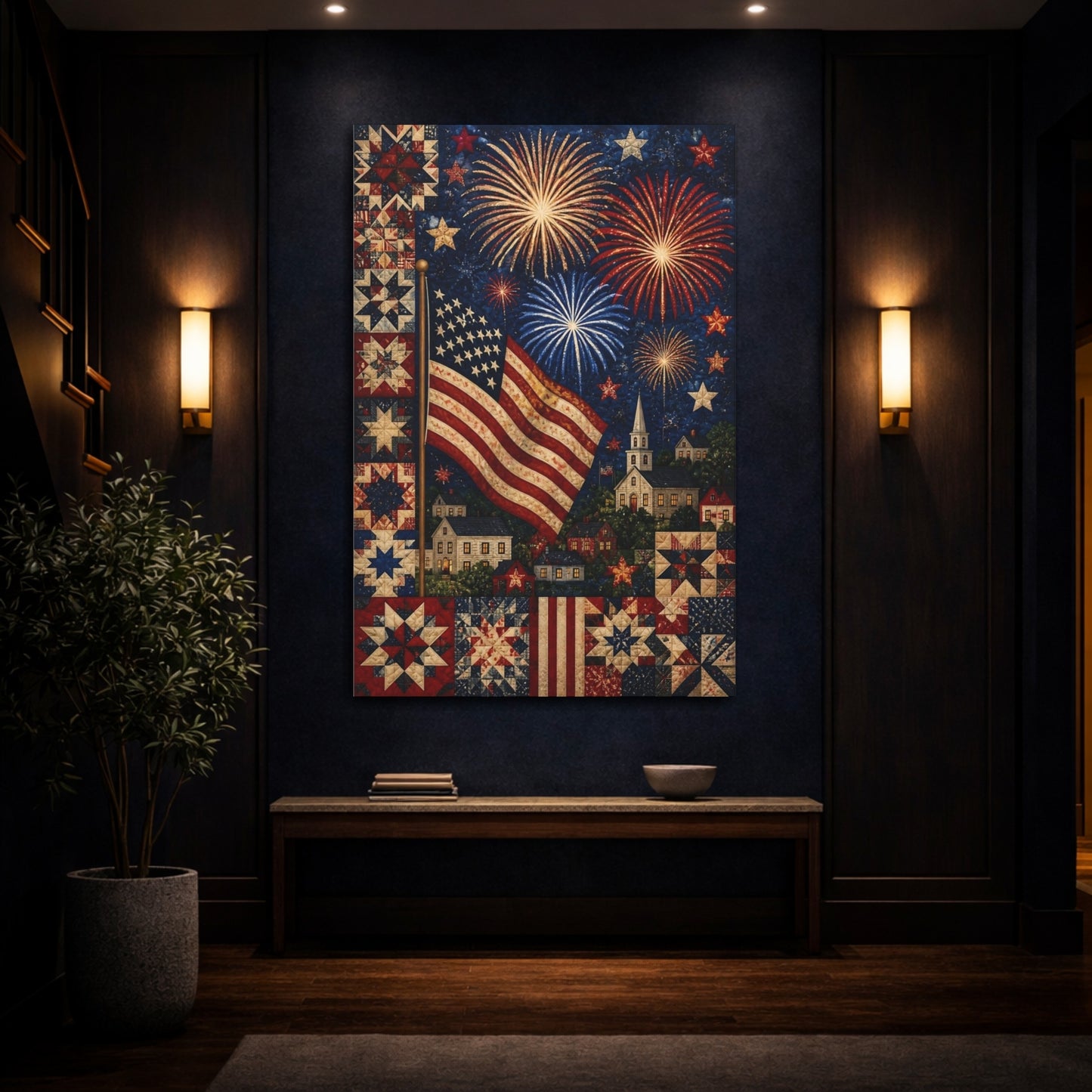 Mockup 4. American Flag Fireworks Quilt shown as canvas print