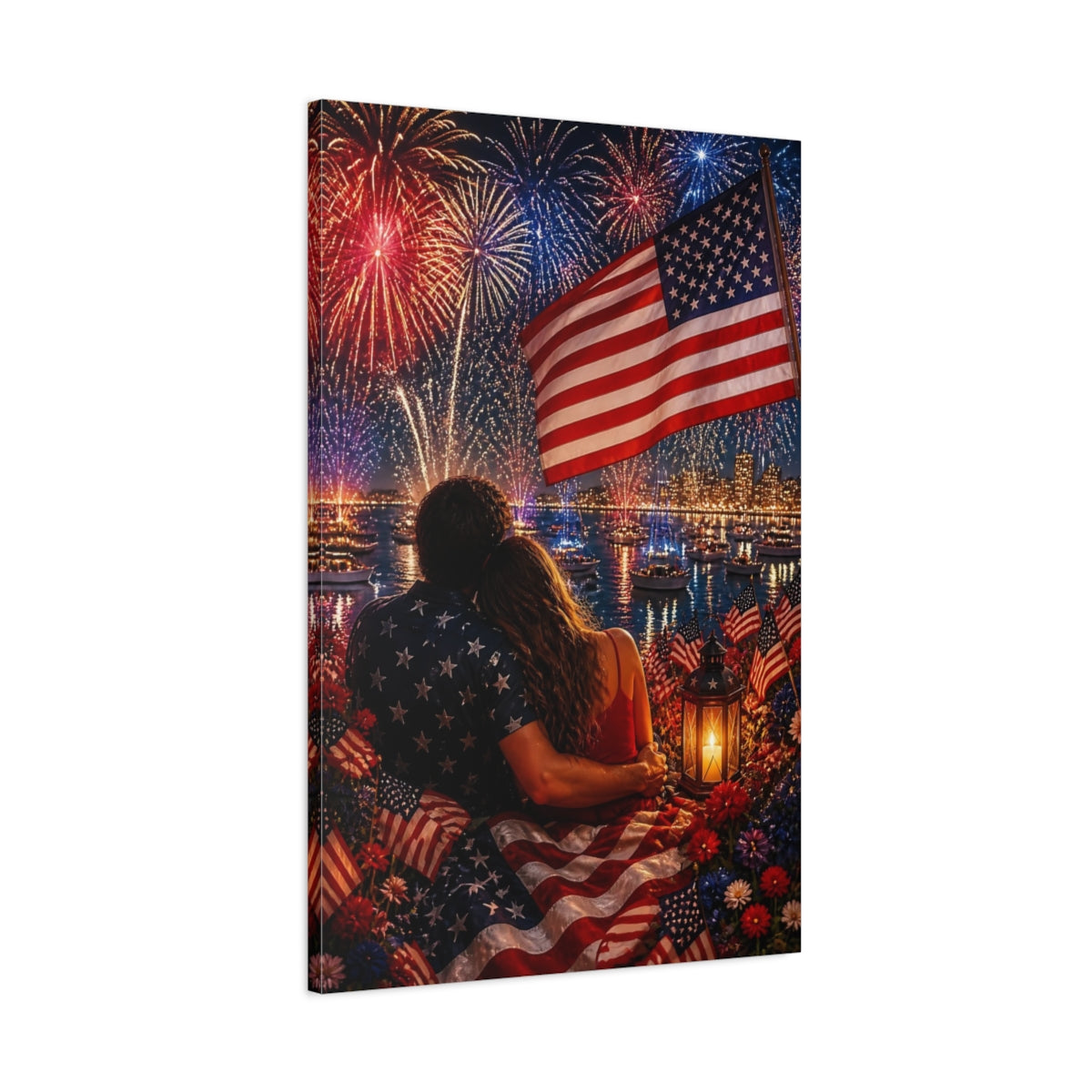 Main Mockup. American Flag Fireworks Romance shown as canvas print
