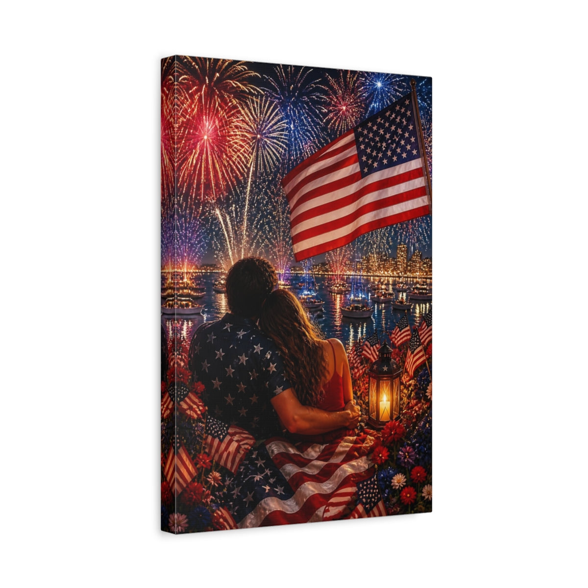 Side Mockup 4. American Flag Fireworks Romance shown as canvas print