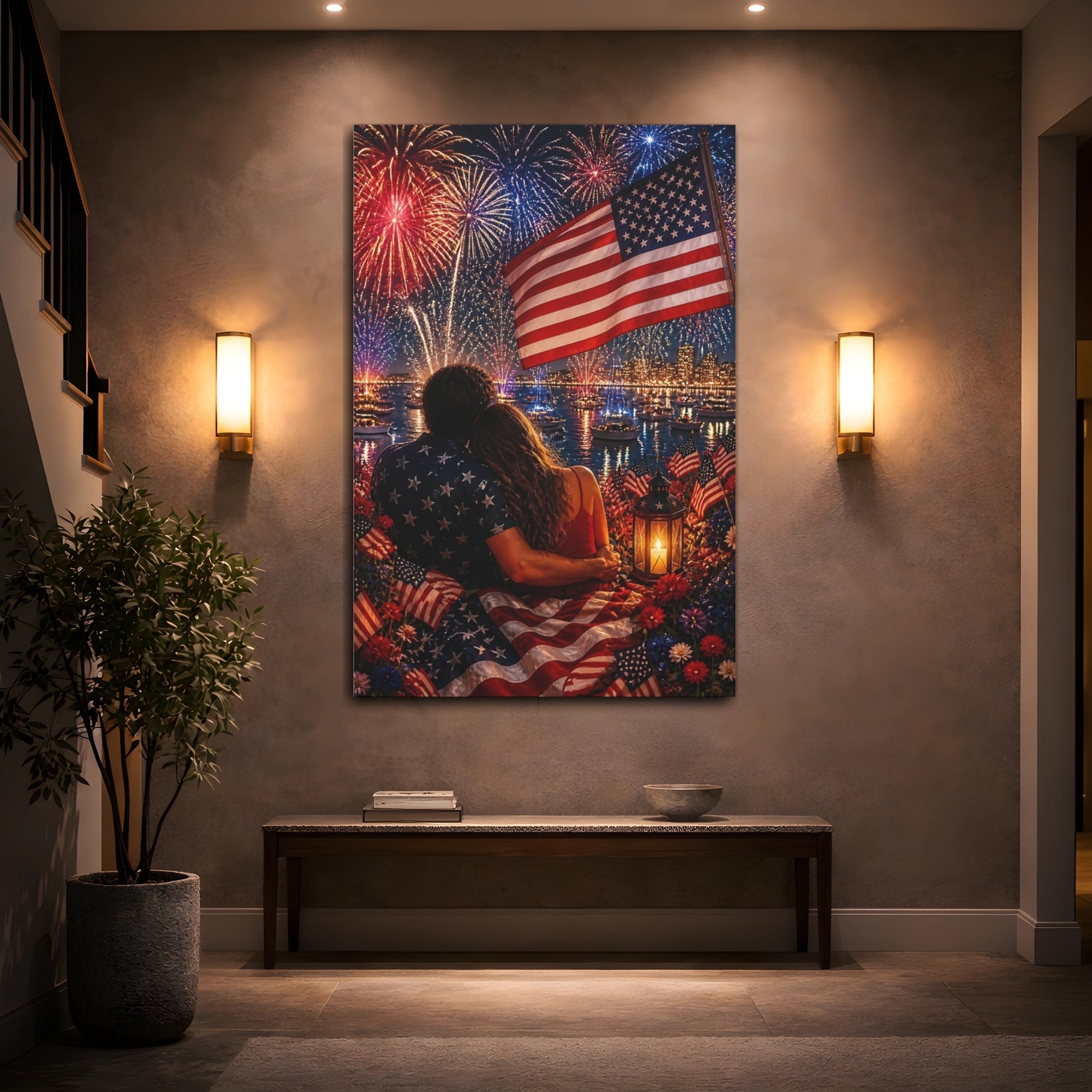 Mockup 2. American Flag Fireworks Romance shown as canvas print