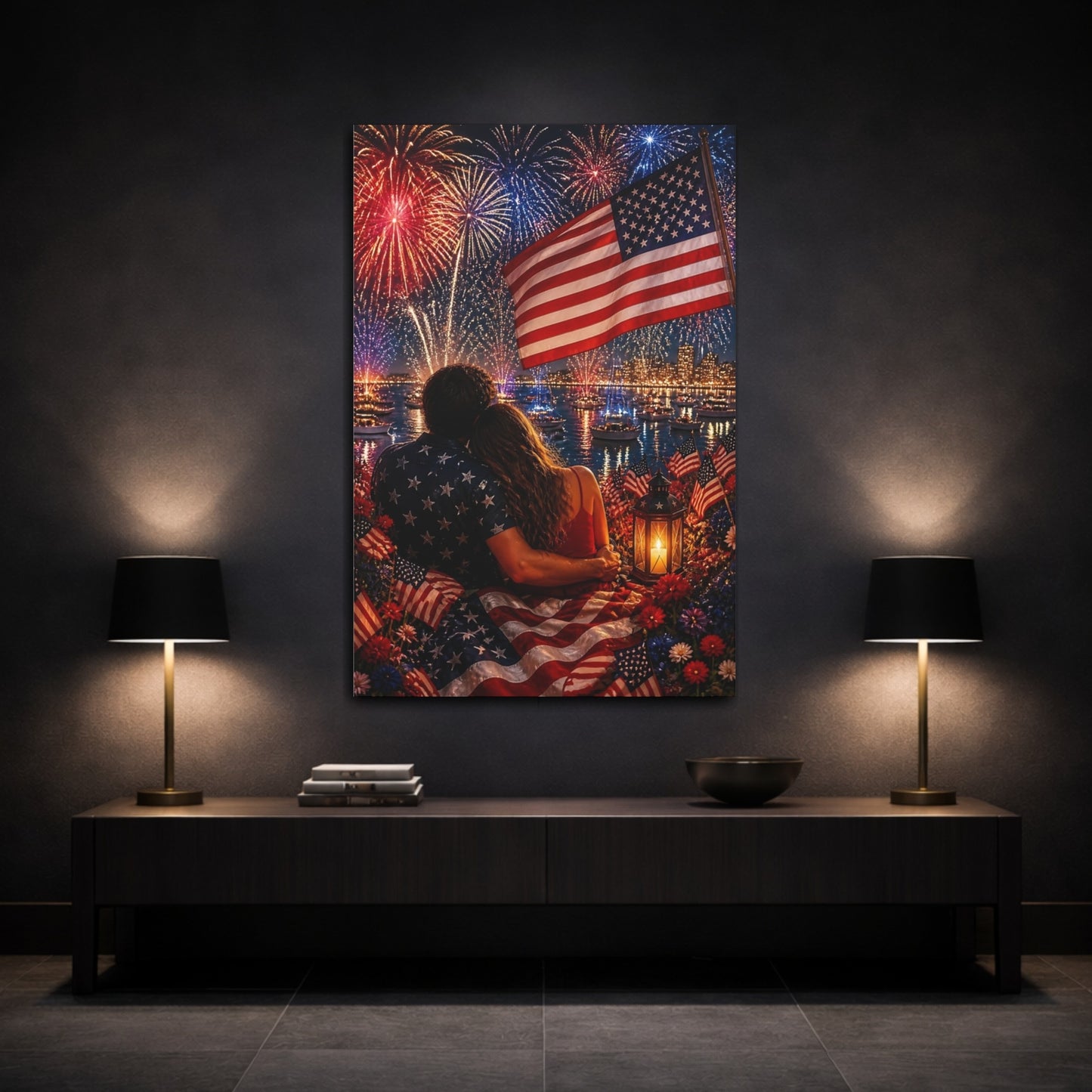 Mockup 3. American Flag Fireworks Romance shown as canvas print