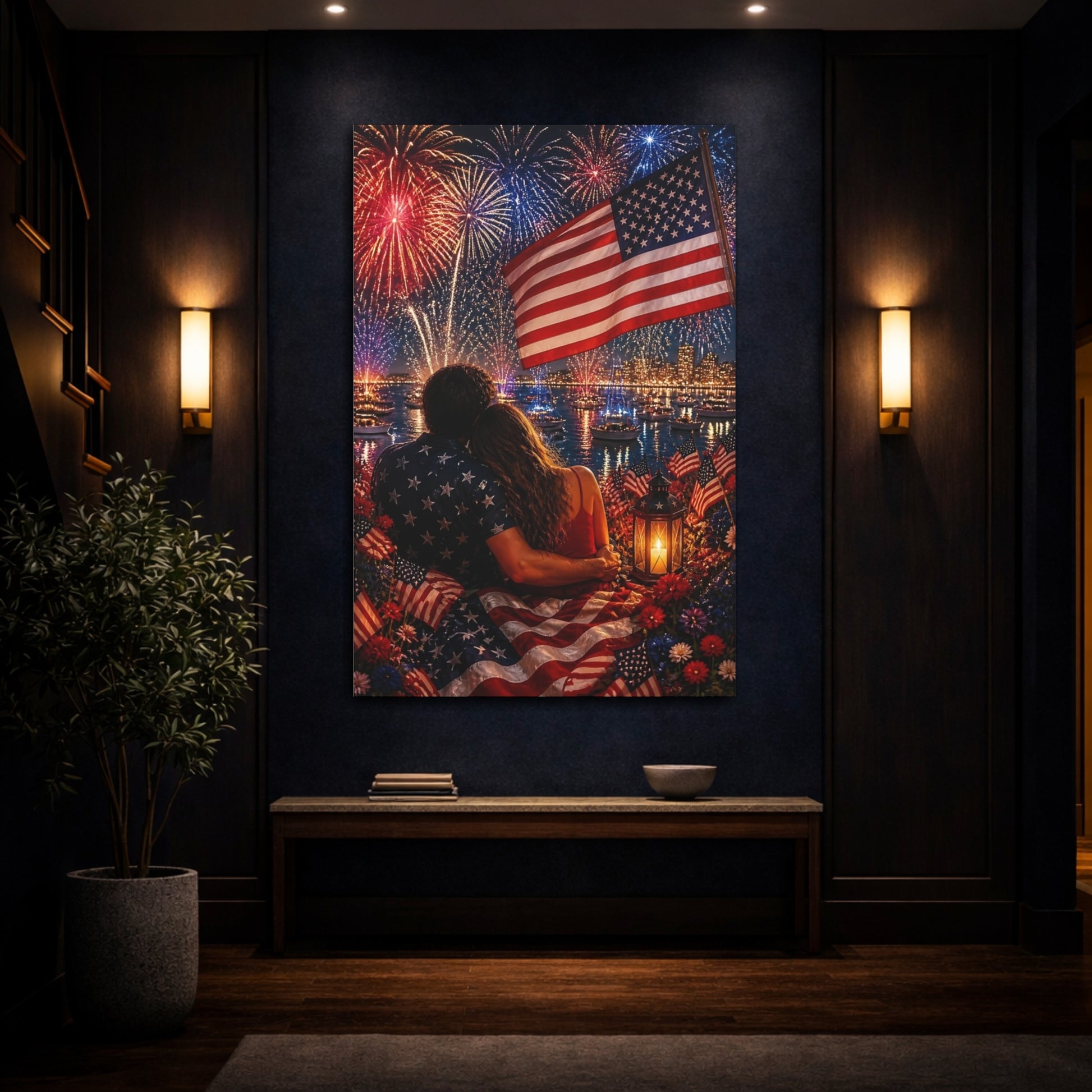 Mockup 4. American Flag Fireworks Romance shown as canvas print