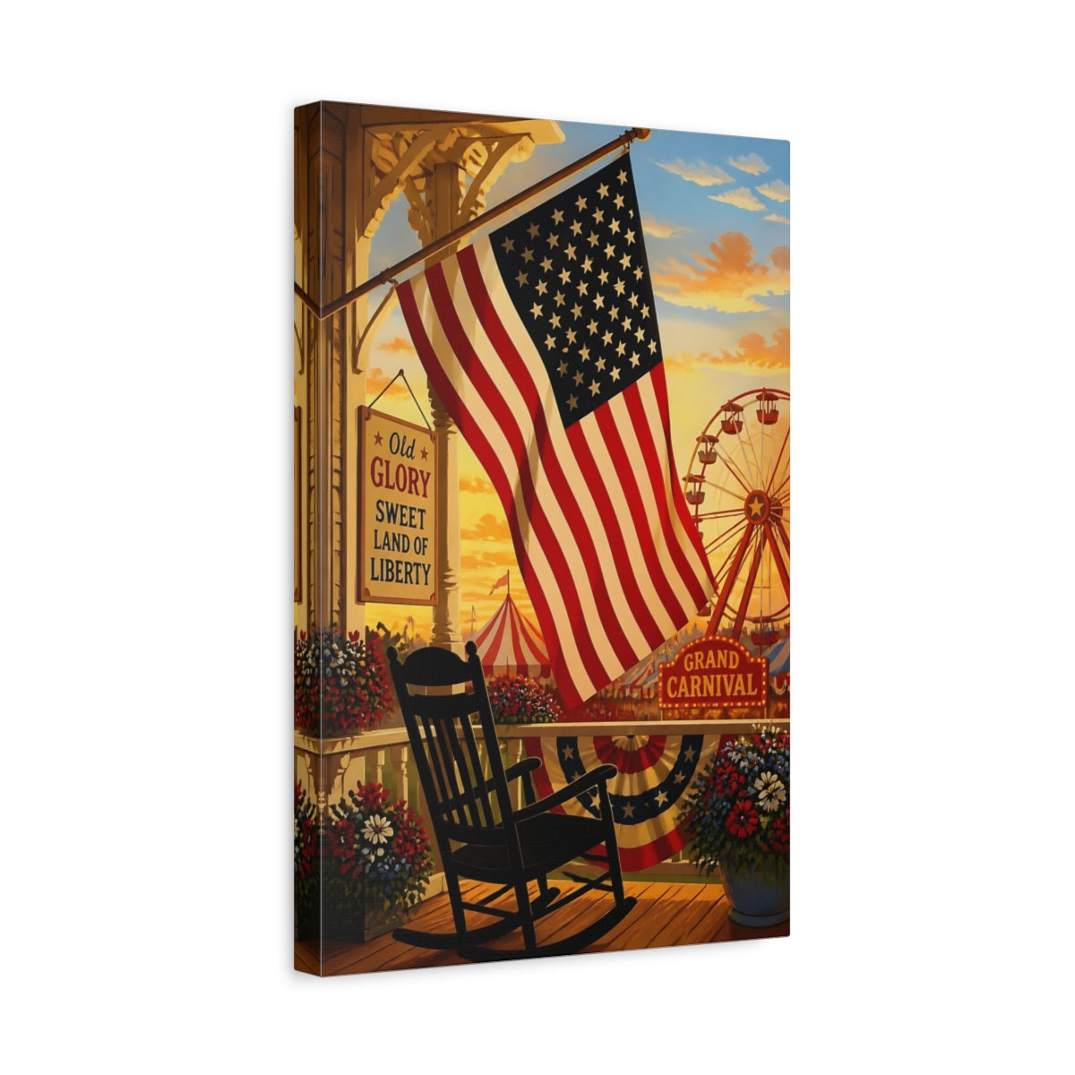 Side Mockup 4. American Flag On Porch shown as canvas print