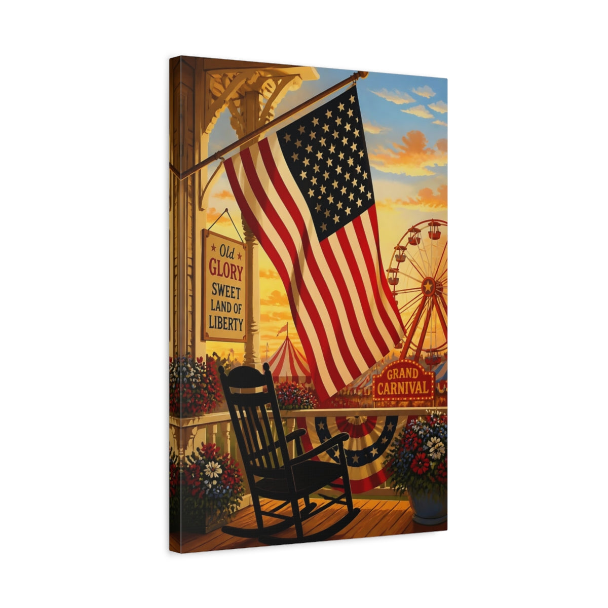 Side Mockup 3. American Flag On Porch shown as canvas print