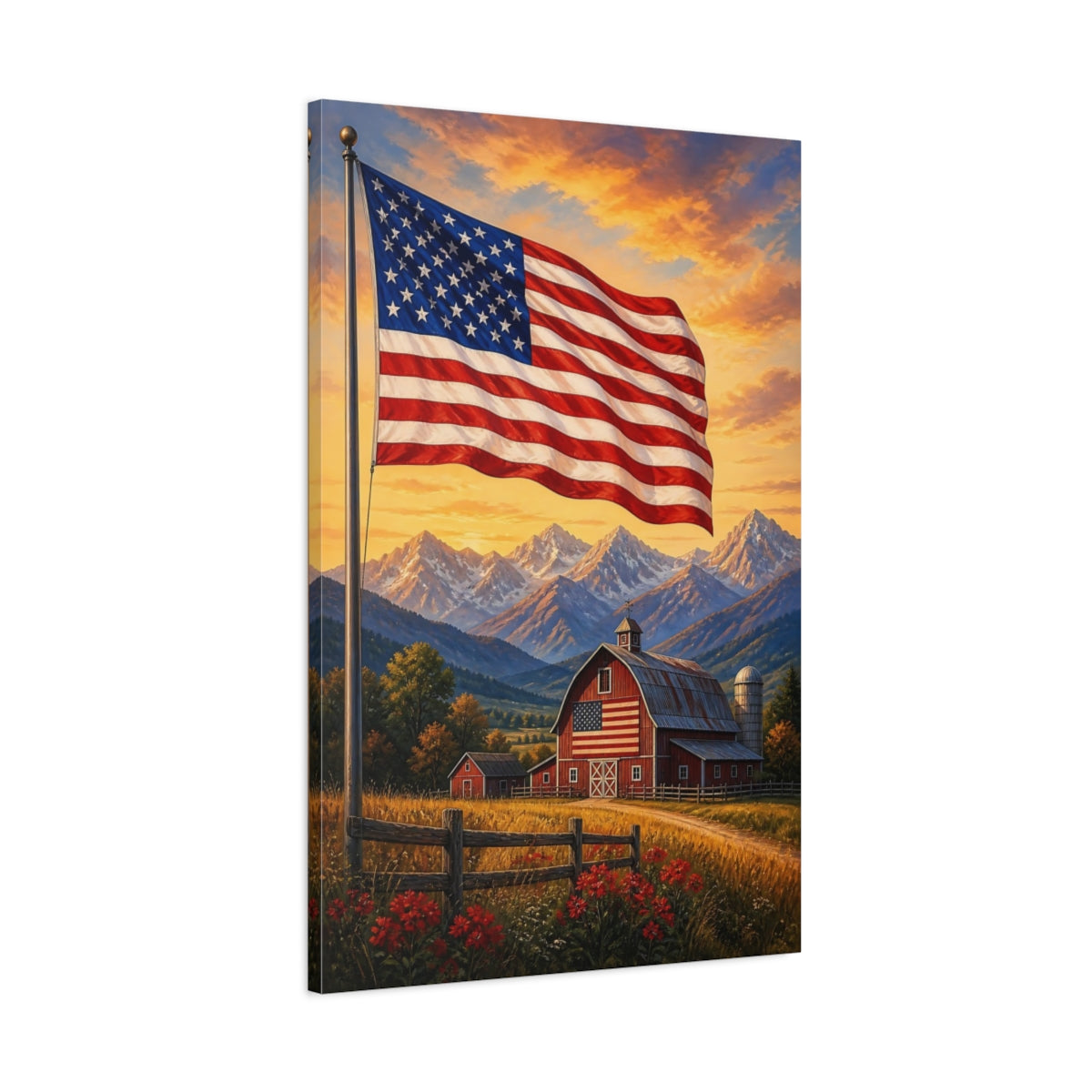 Main Mockup. American Flag Over Barn shown as canvas print