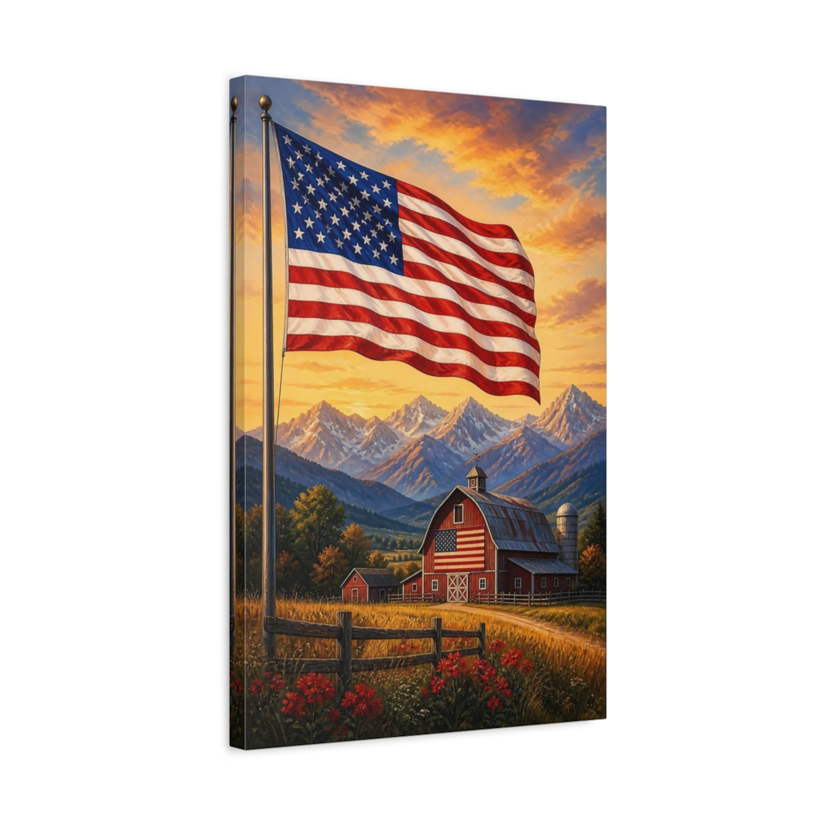 Side Mockup 3. American Flag Over Barn shown as canvas print