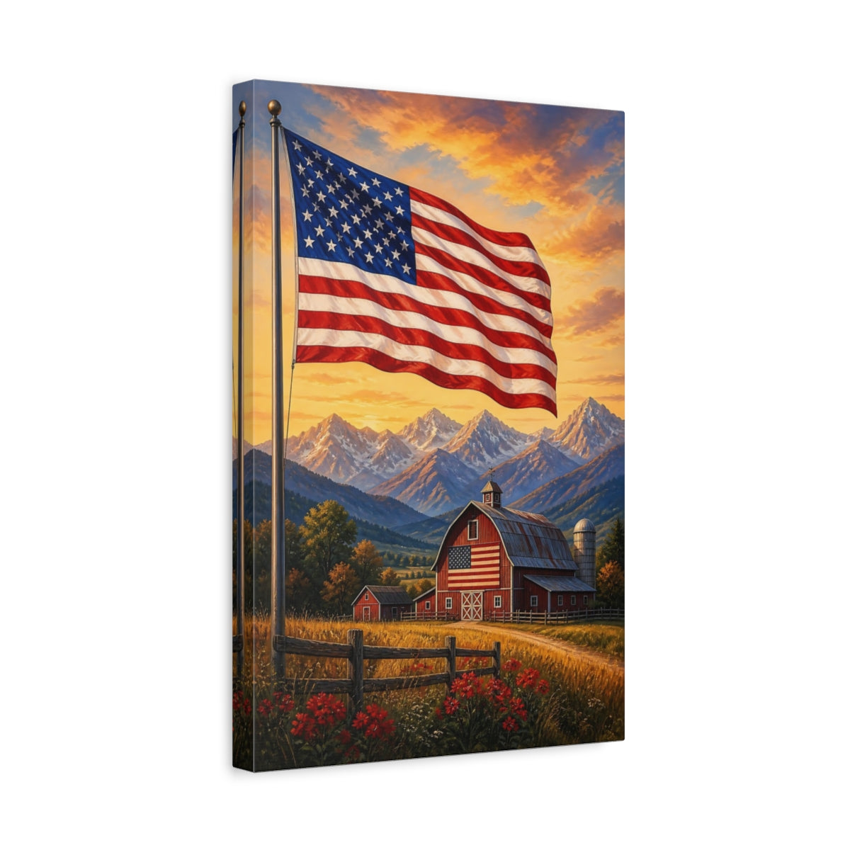 Side Mockup 4. American Flag Over Barn shown as canvas print