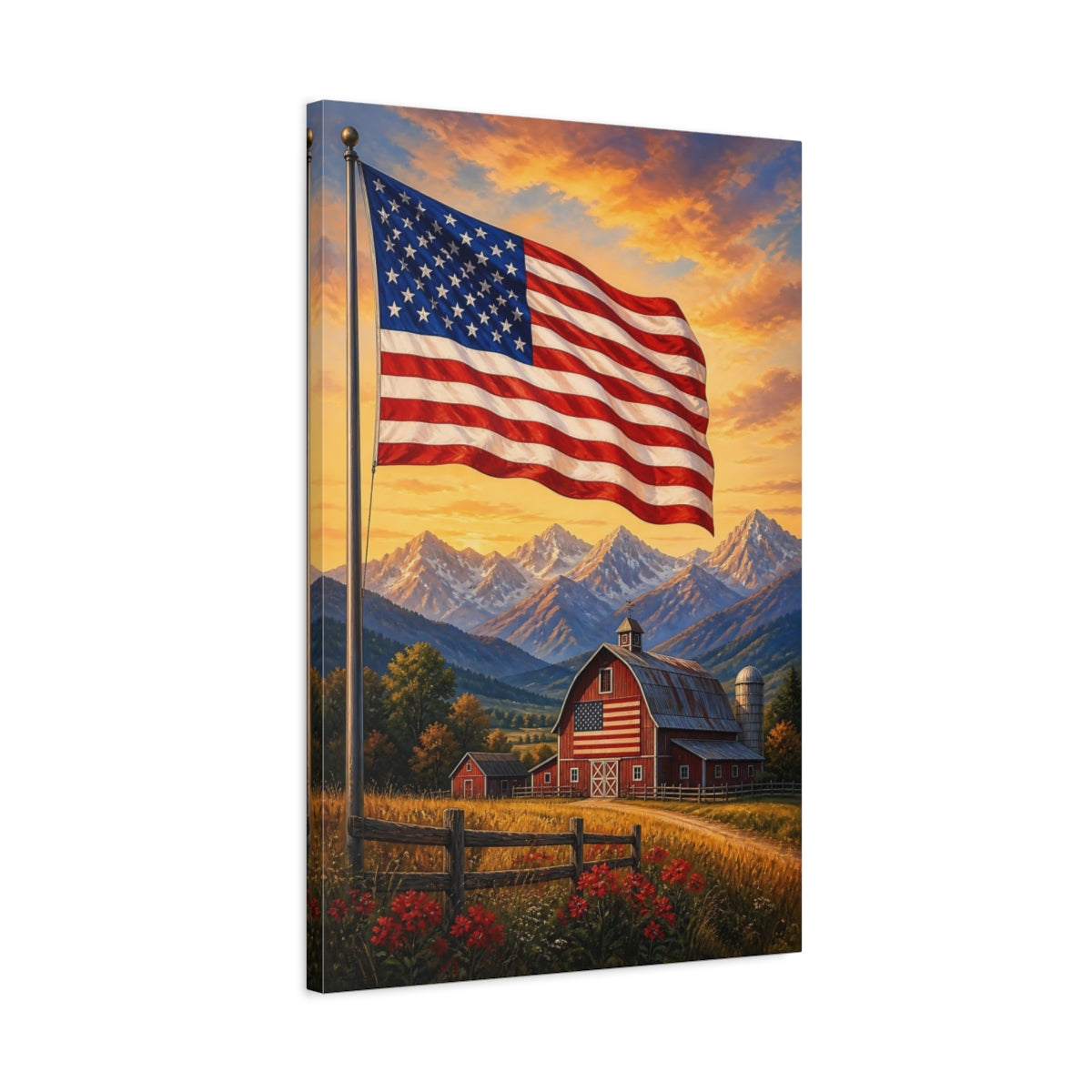 Side Mockup 2. American Flag Over Barn shown as canvas print