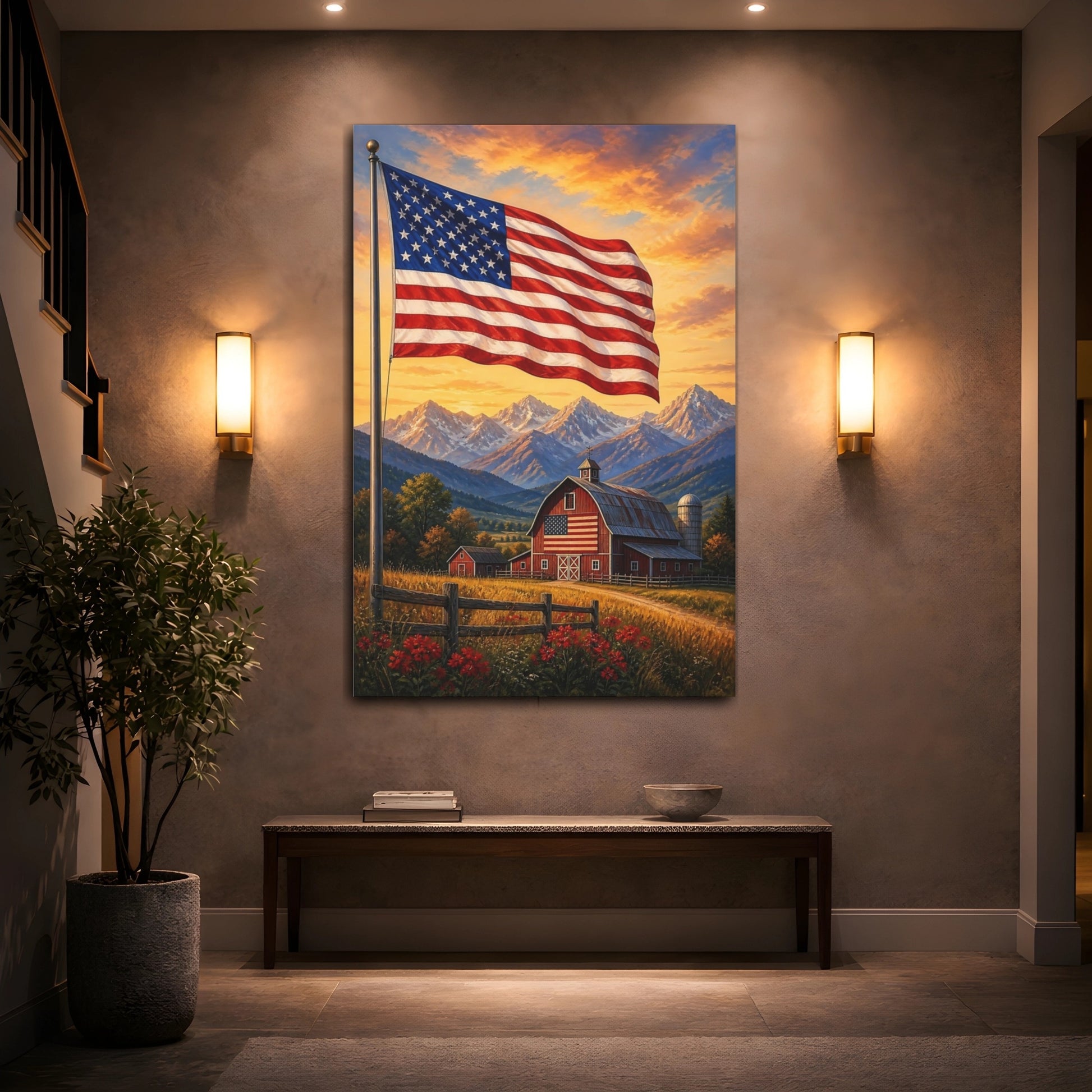 Mockup 2. American Flag Over Barn shown as canvas print