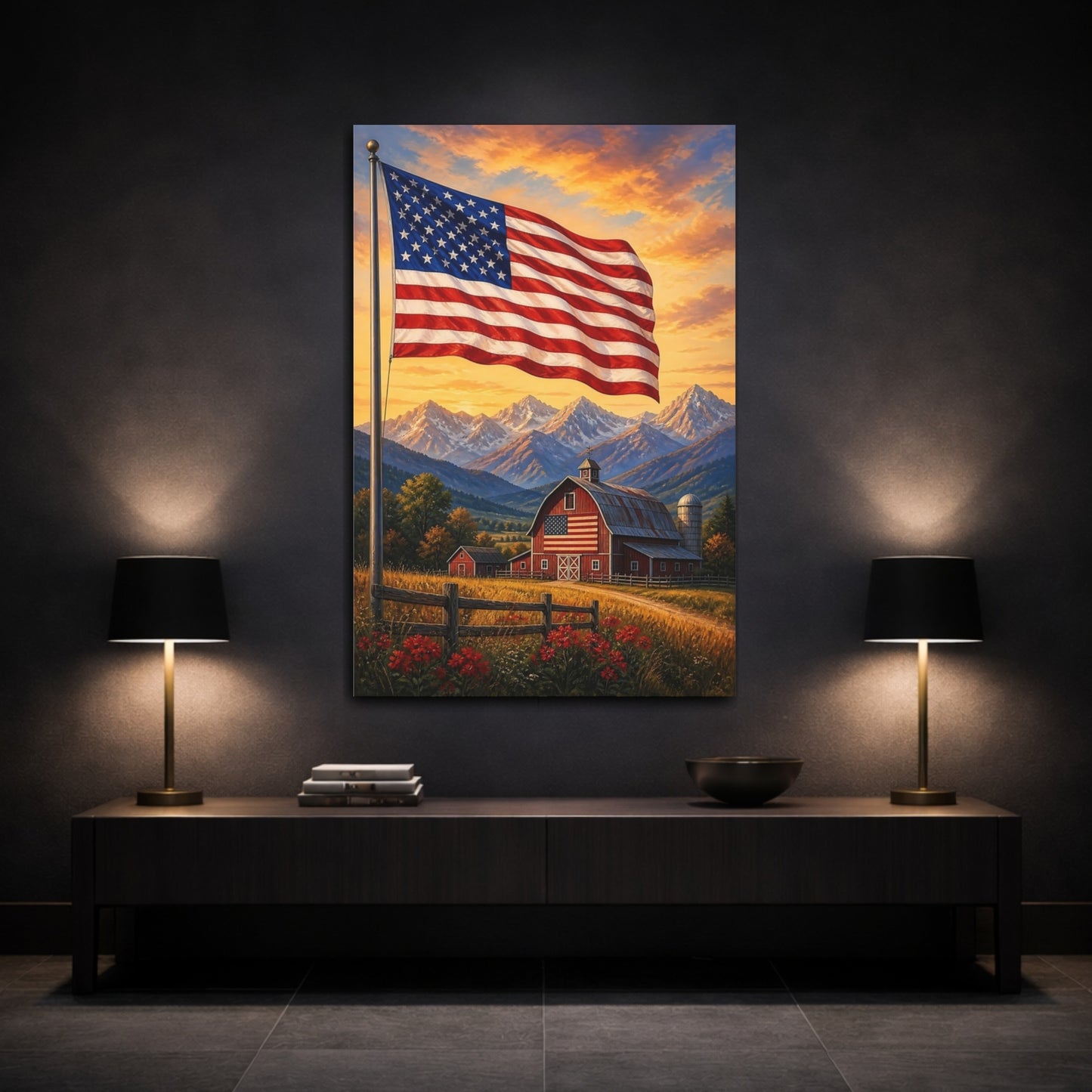 Mockup 3. American Flag Over Barn shown as canvas print
