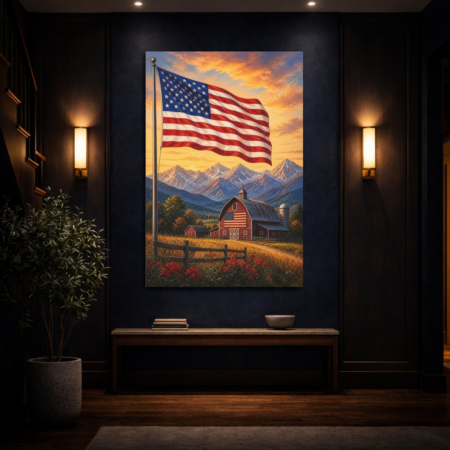 Mockup 4. American Flag Over Barn shown as canvas print