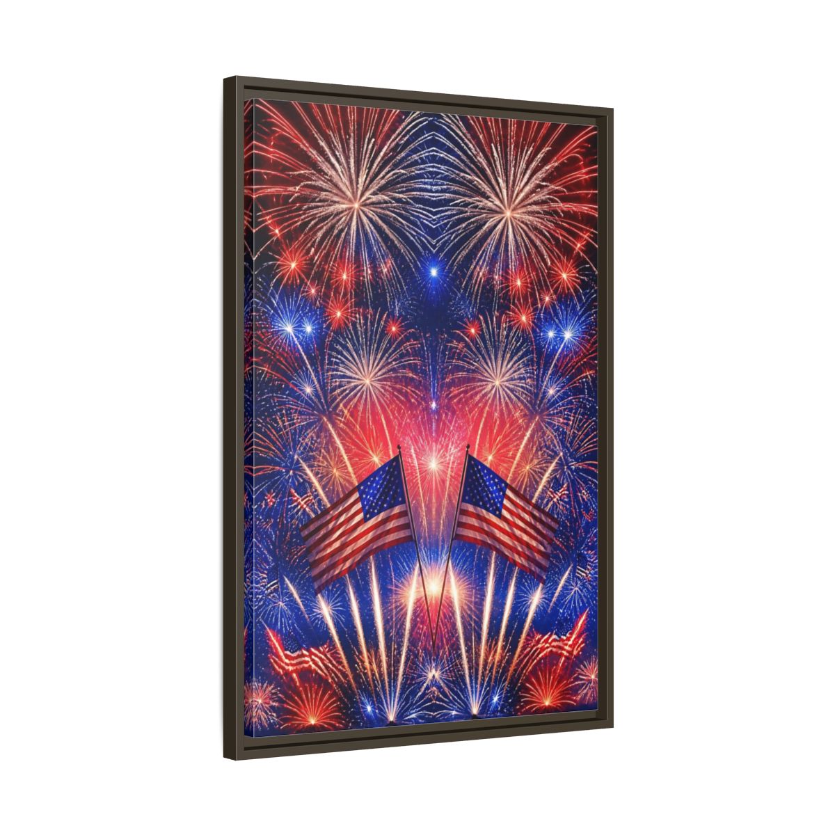 Side Mockup 11. American Flags And Fireworks shown as framed canvas print