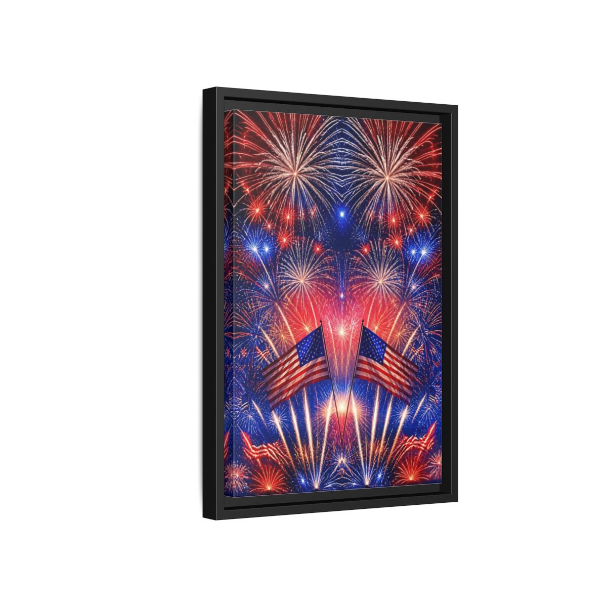 Side Mockup 6. American Flags And Fireworks shown as framed canvas print