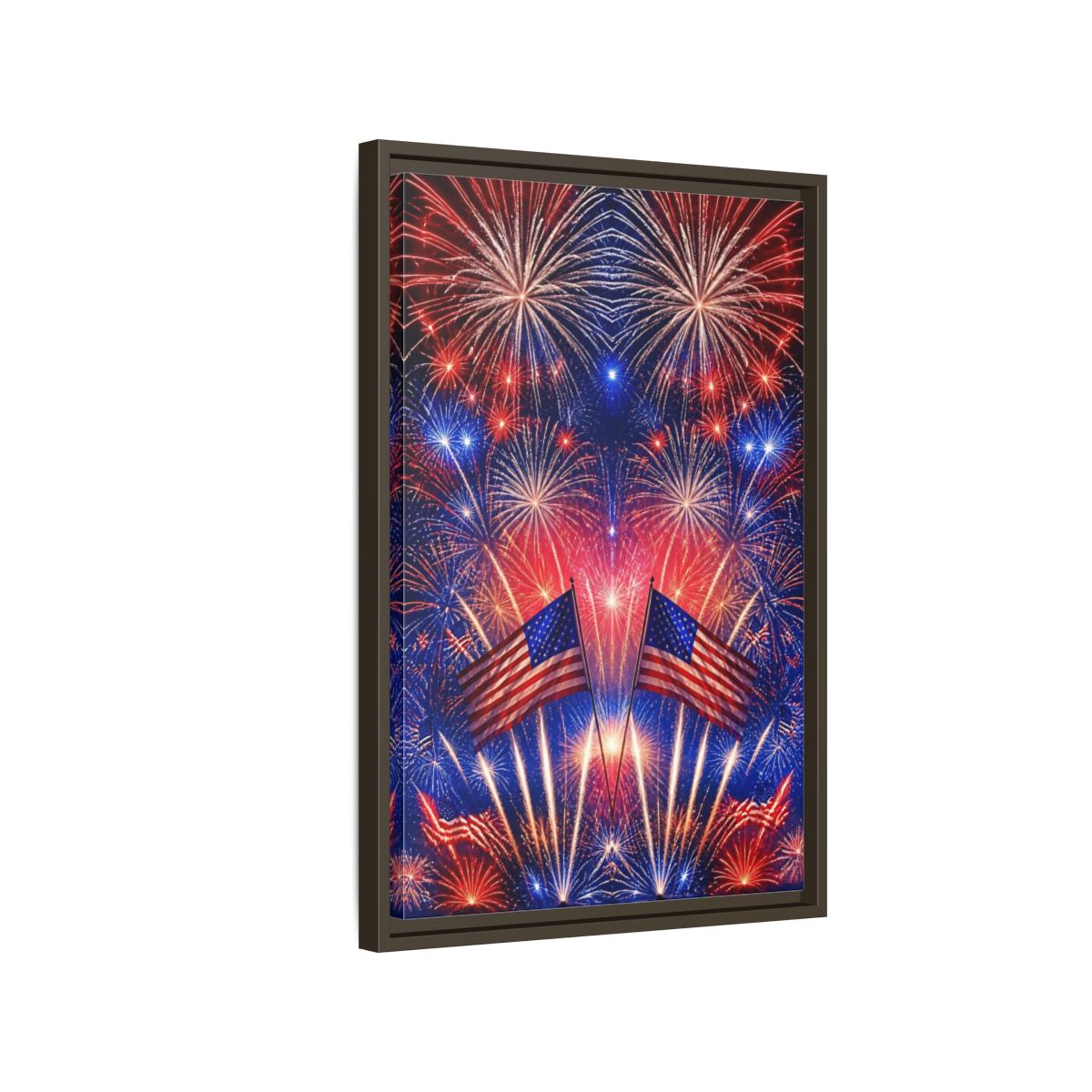 Side Mockup 2. American Flags And Fireworks shown as framed canvas print