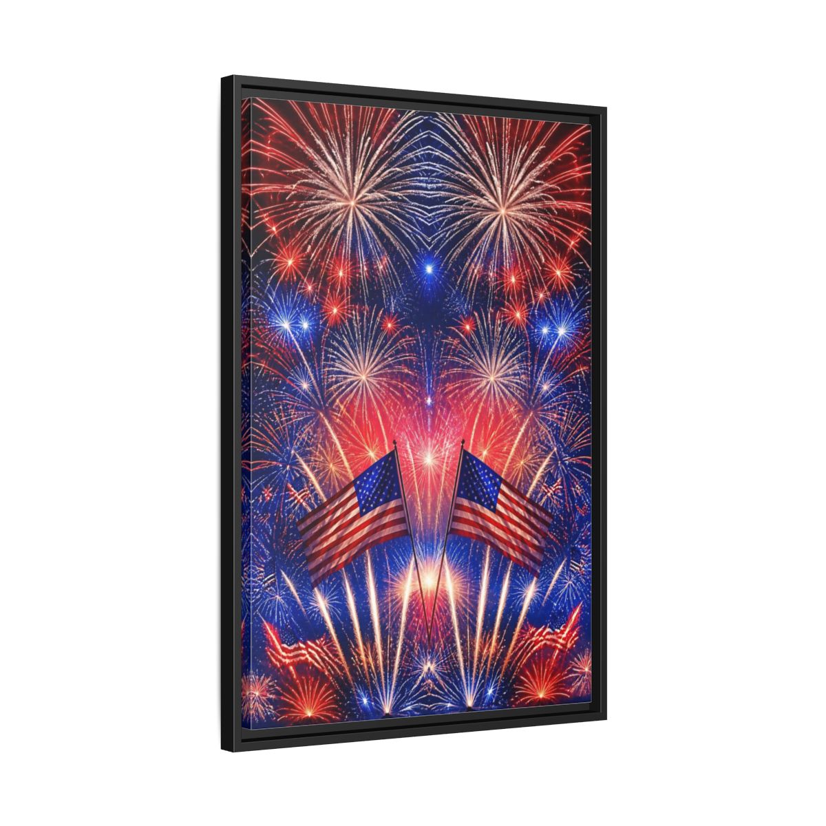Side Mockup 14. American Flags And Fireworks shown as framed canvas print