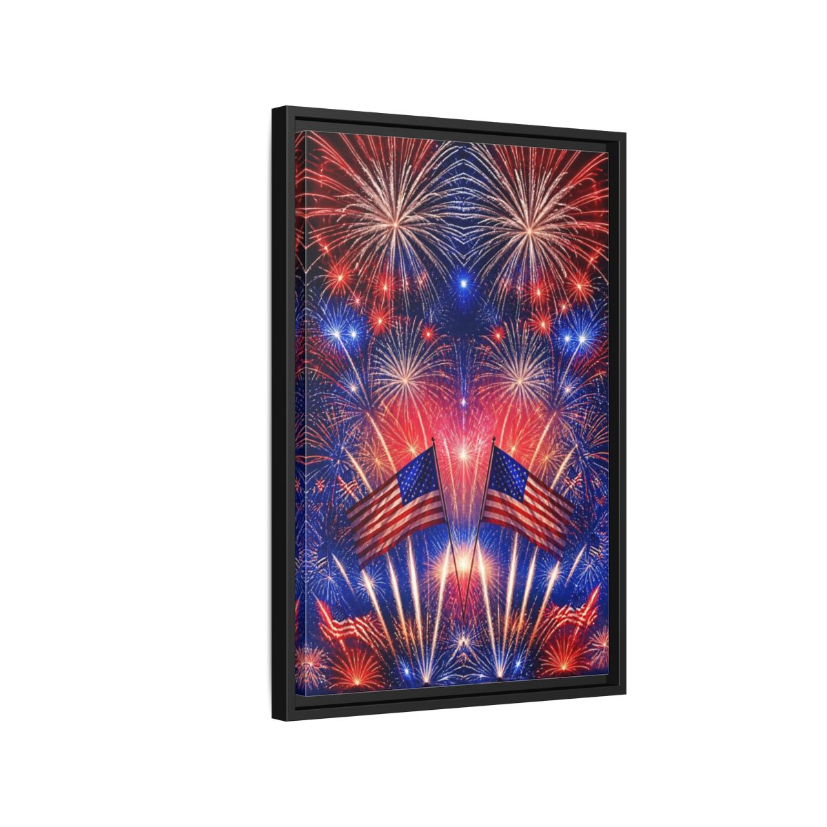 Side Mockup 3. American Flags And Fireworks shown as framed canvas print