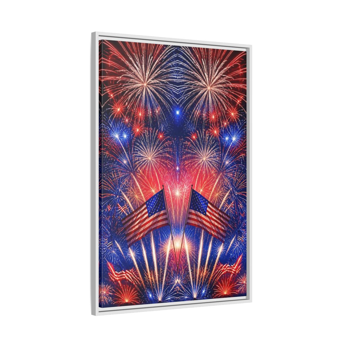 Side Mockup 9. American Flags And Fireworks shown as framed canvas print