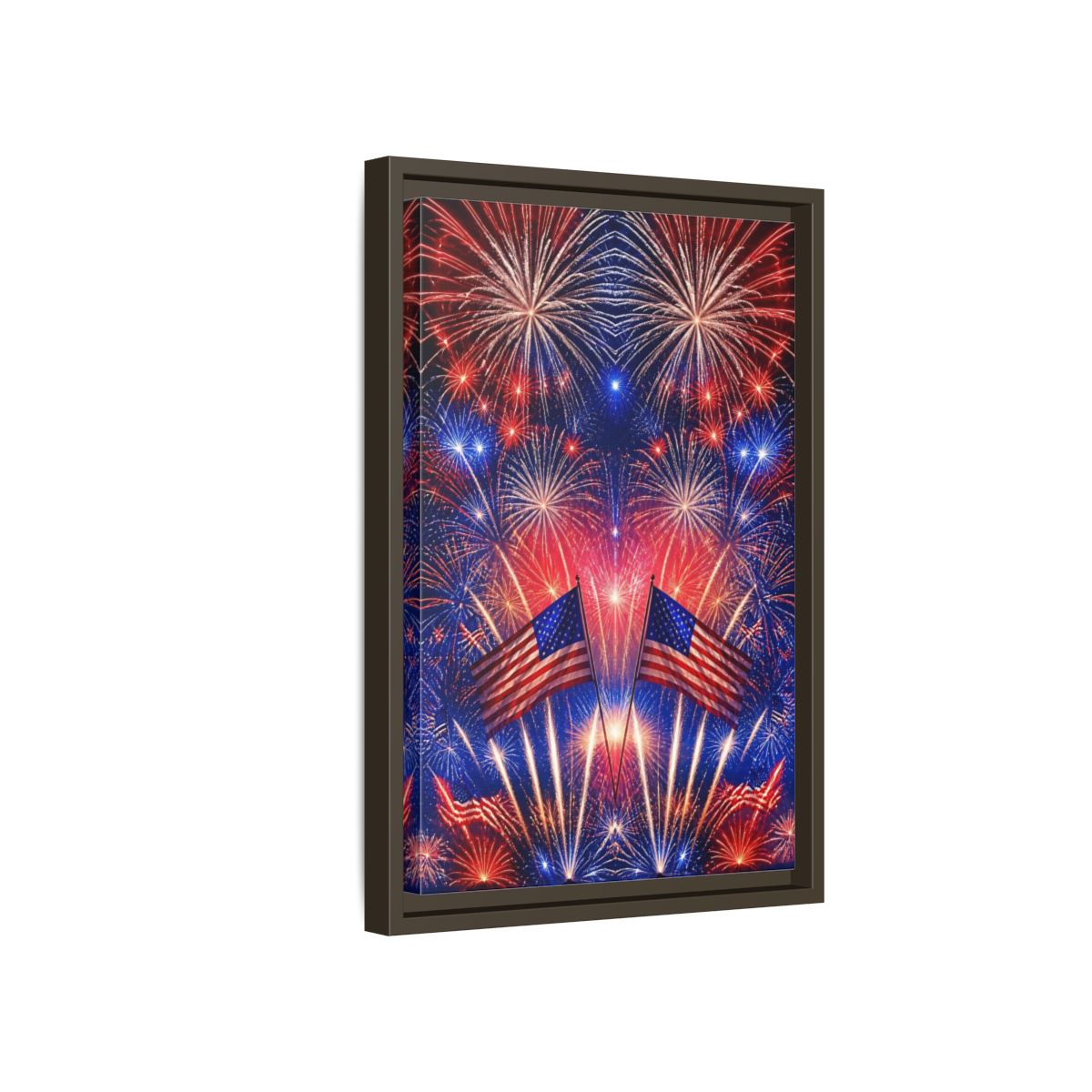 Side Mockup 5. American Flags And Fireworks shown as framed canvas print