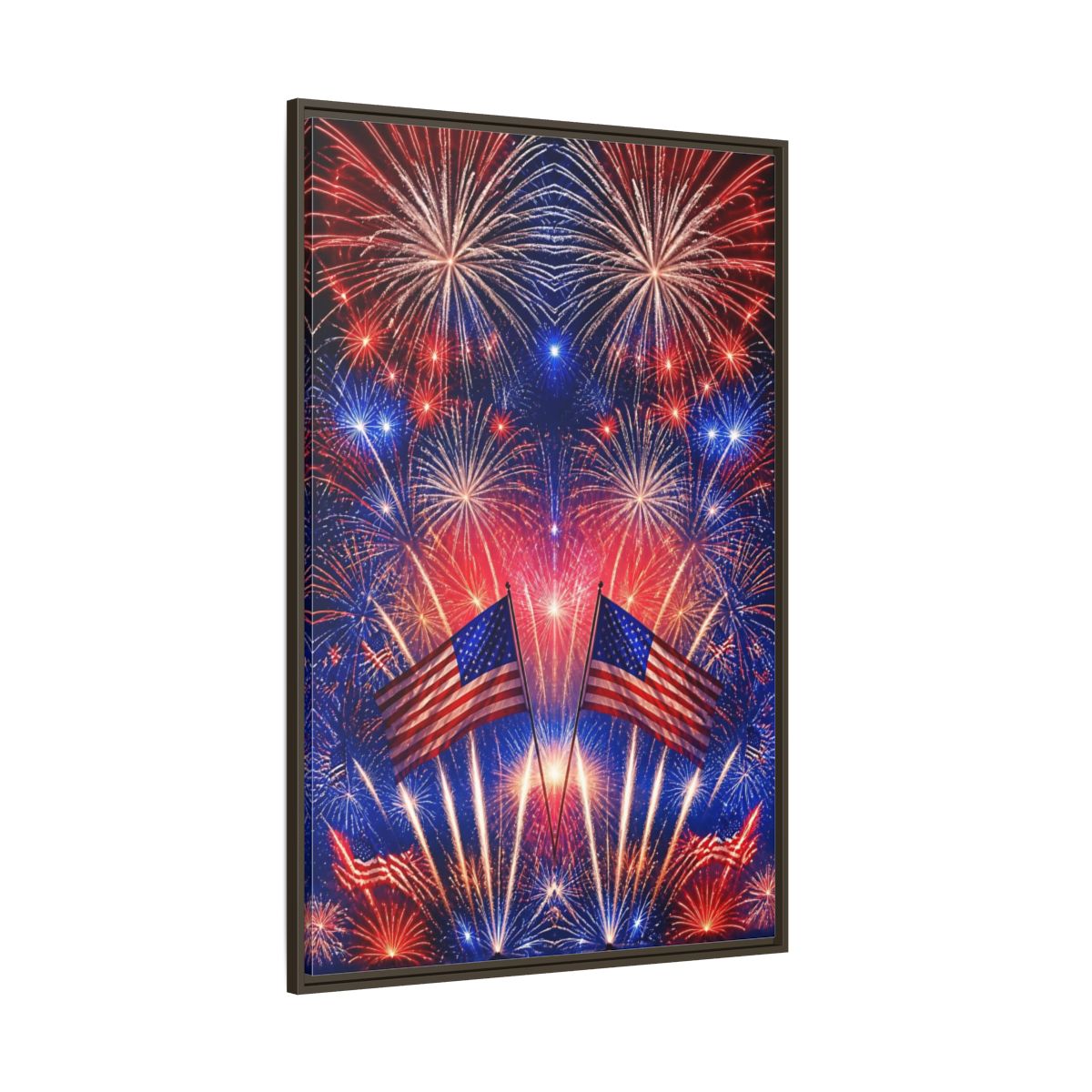 Side Mockup 8. American Flags And Fireworks shown as framed canvas print